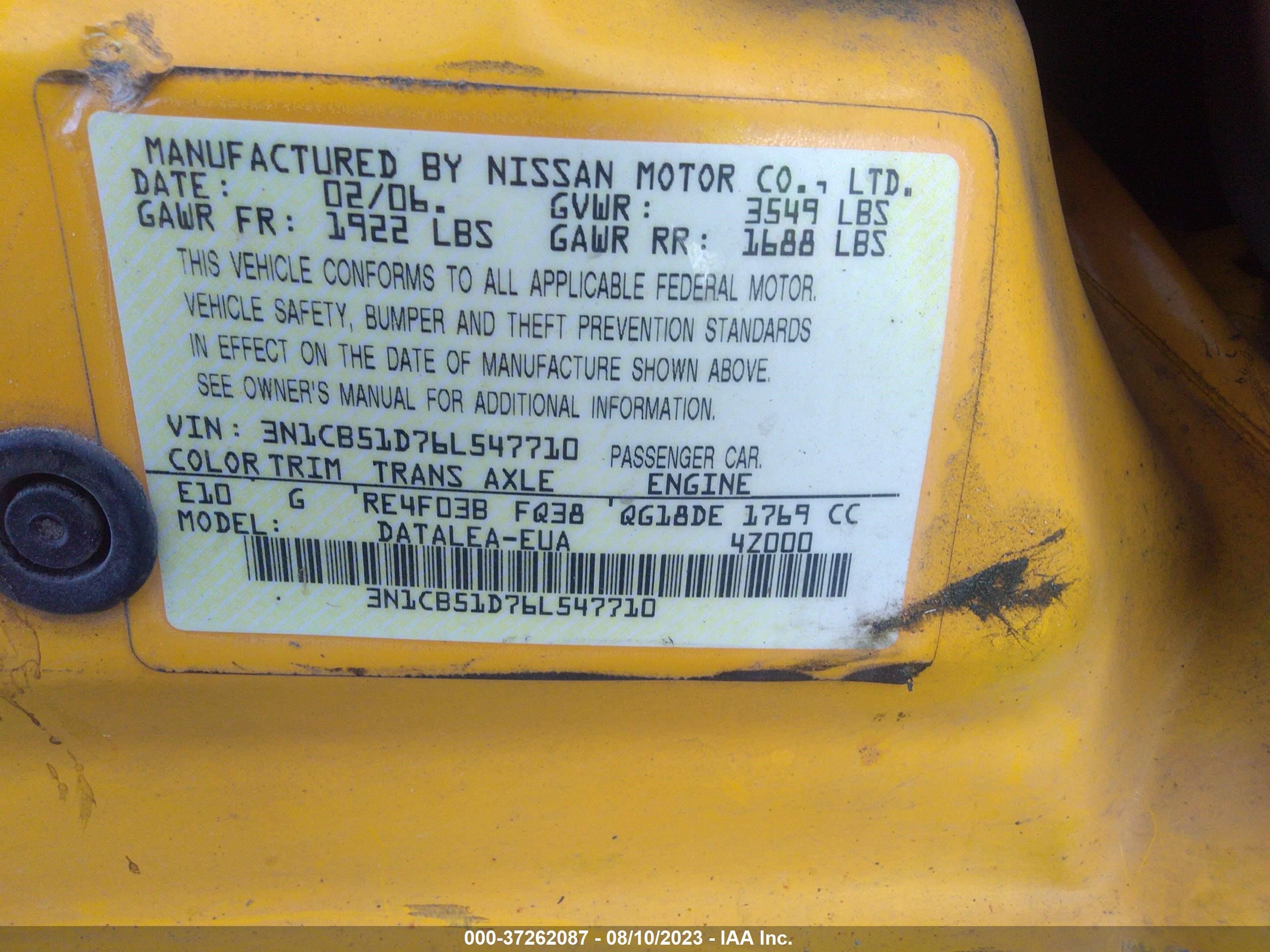 Photo 8 VIN: 3N1CB51D76L547710 - NISSAN SENTRA 