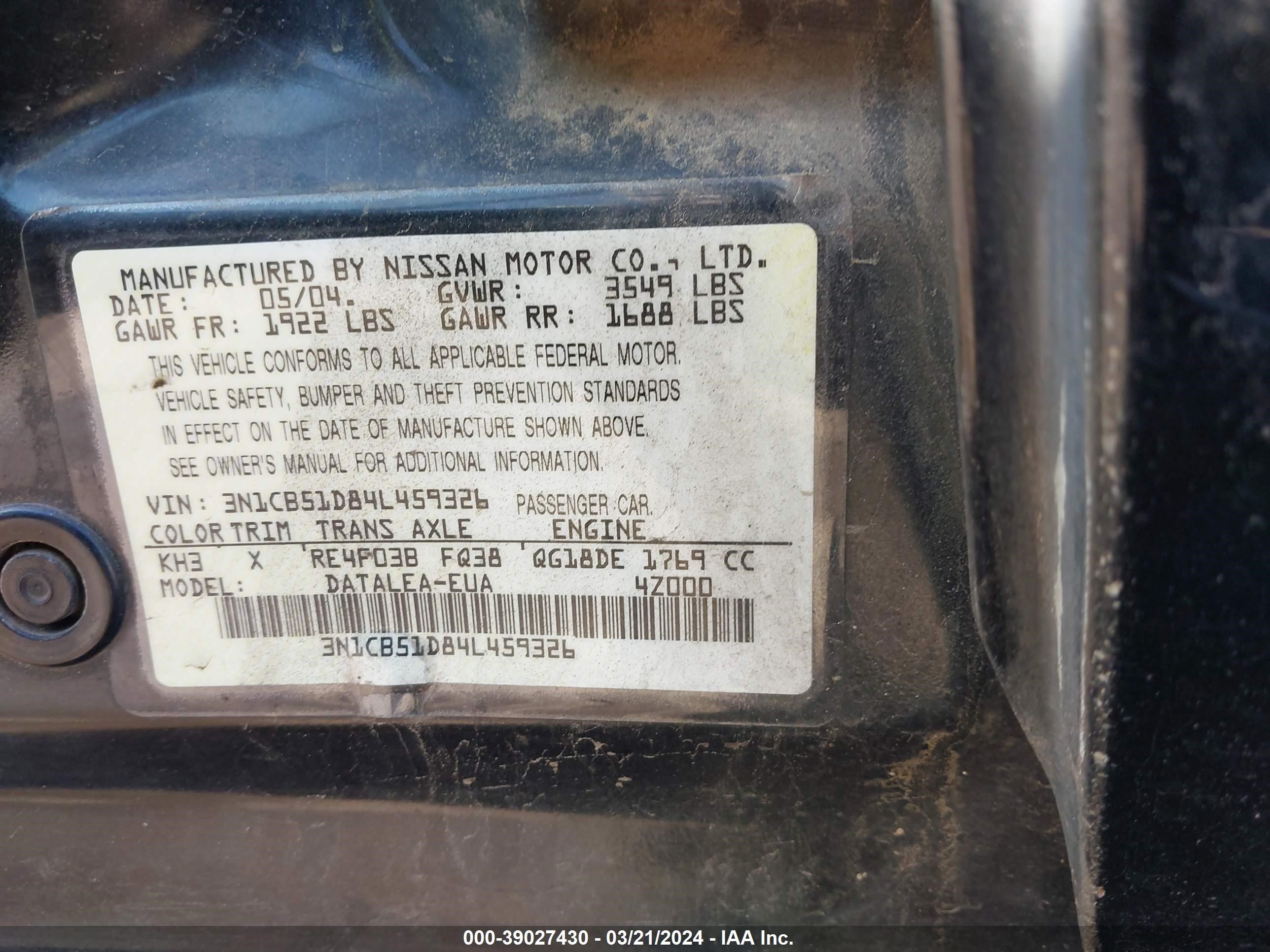 Photo 8 VIN: 3N1CB51D84L459326 - NISSAN SENTRA 