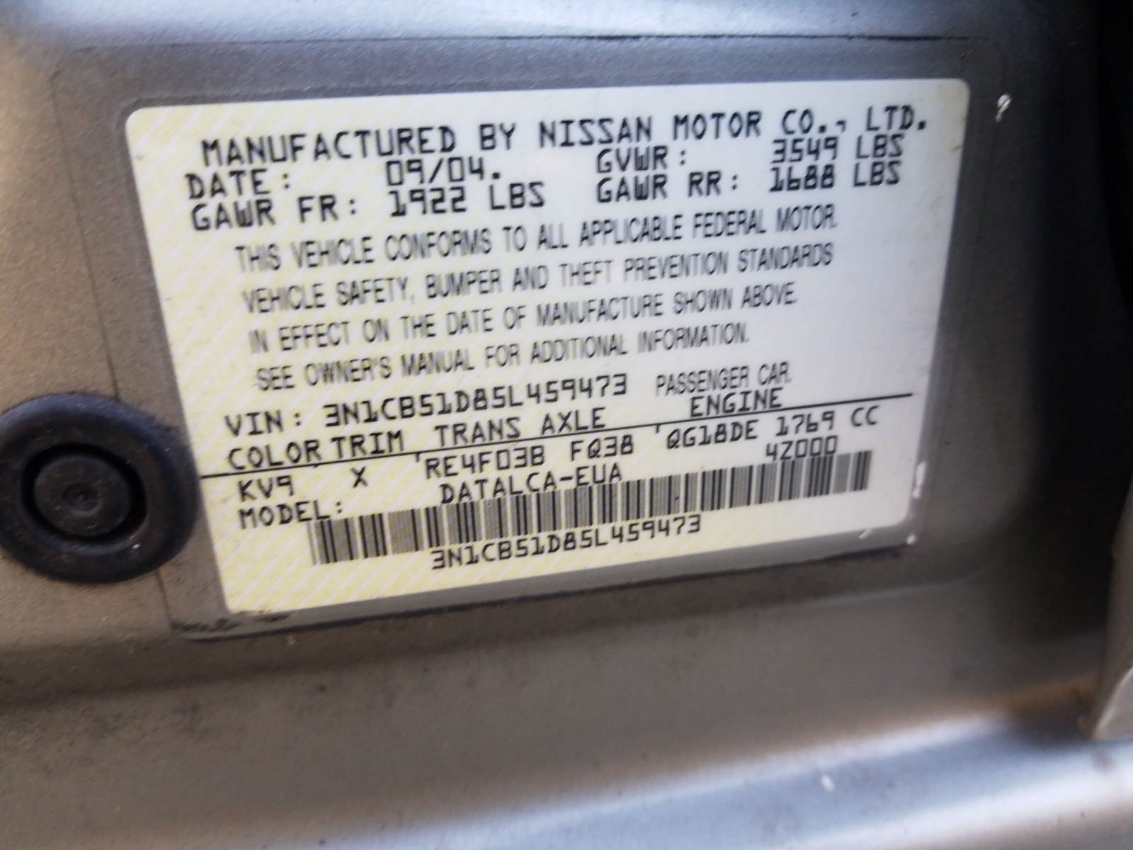 Photo 9 VIN: 3N1CB51D85L459473 - NISSAN SENTRA 