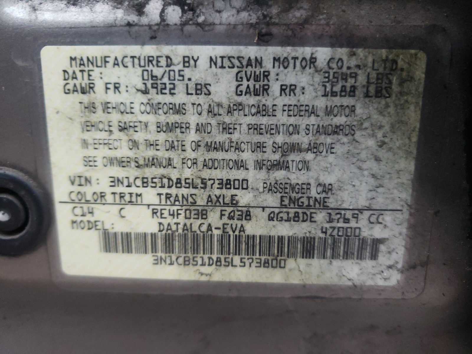 Photo 9 VIN: 3N1CB51D85L573800 - NISSAN SENTRA 1.8 