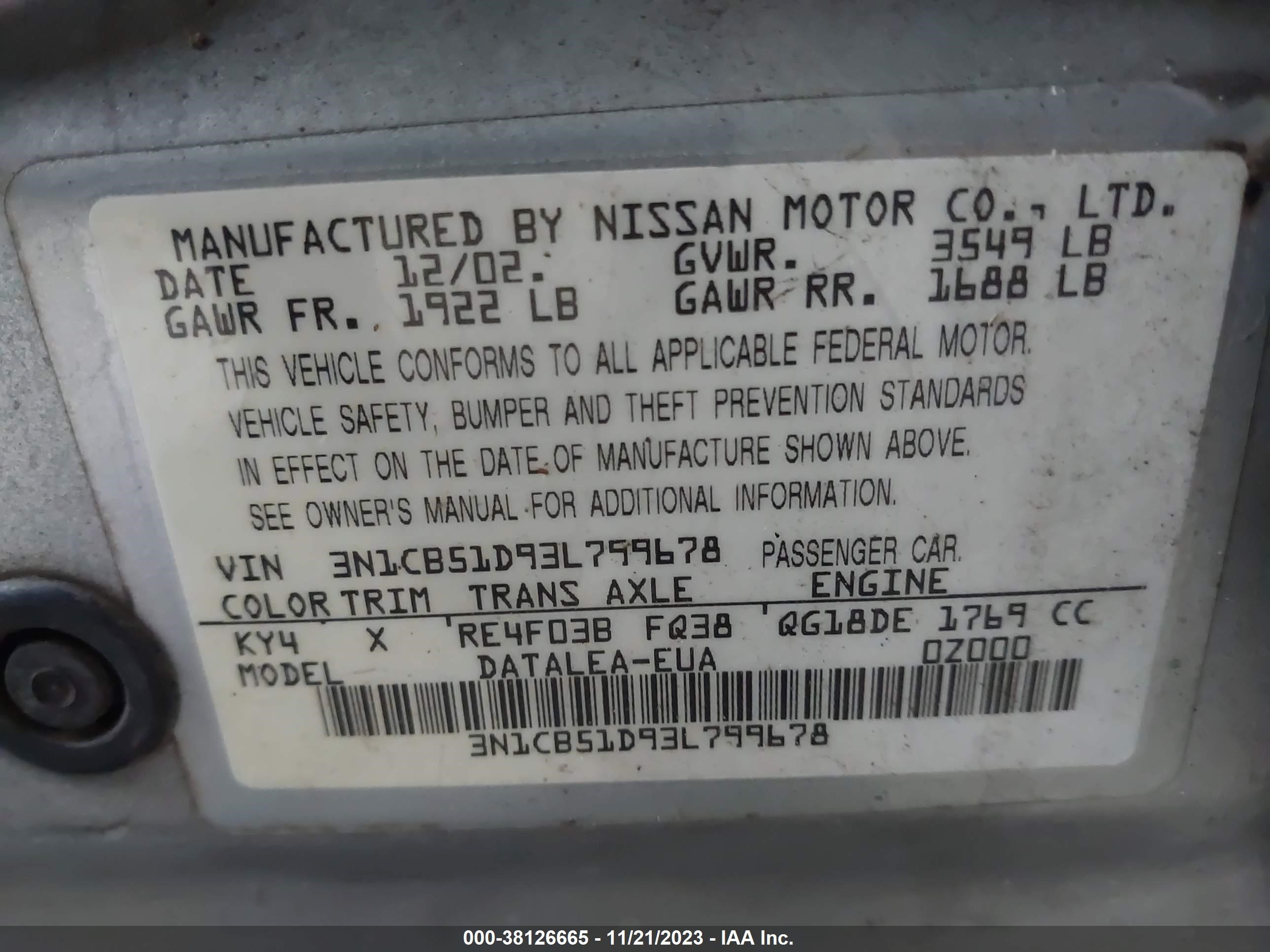 Photo 8 VIN: 3N1CB51D93L799678 - NISSAN SENTRA 