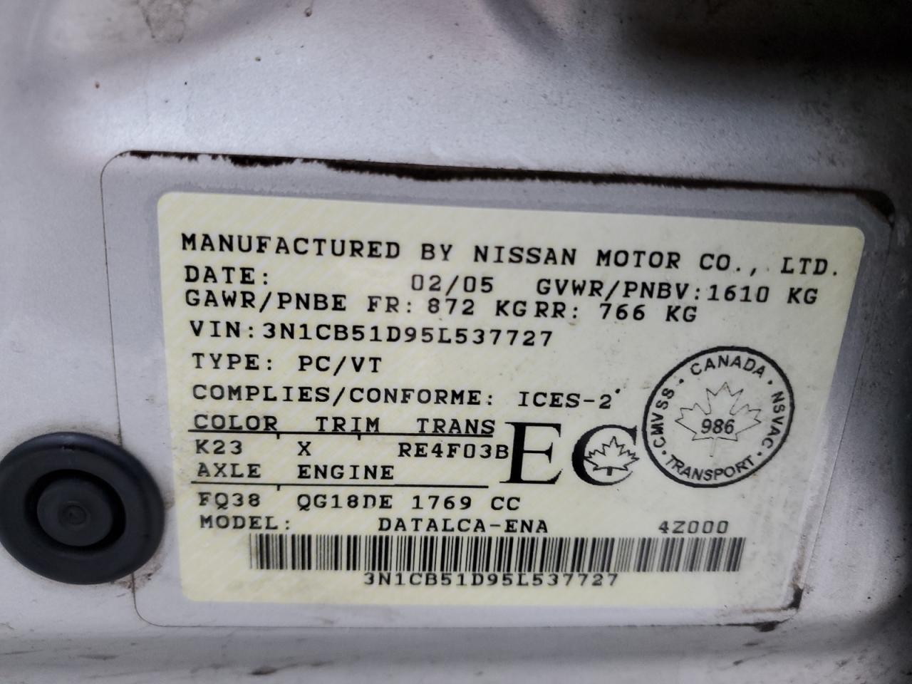 Photo 11 VIN: 3N1CB51D95L537727 - NISSAN SENTRA 