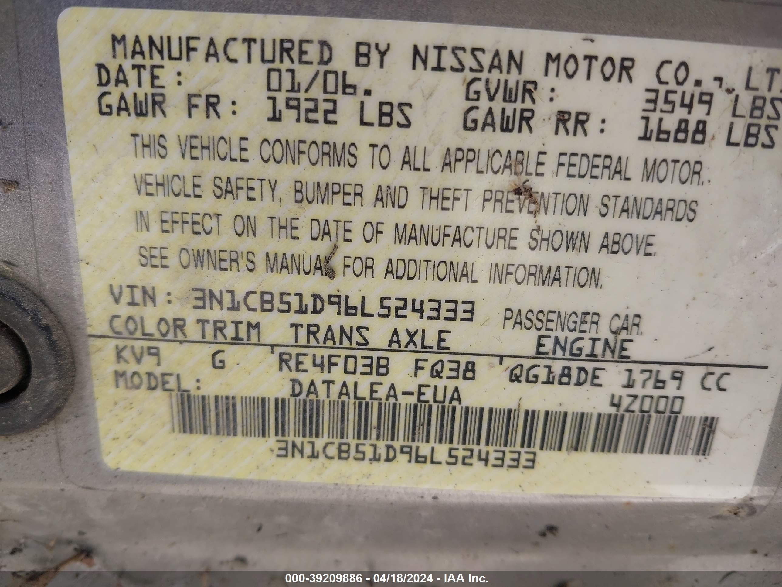 Photo 8 VIN: 3N1CB51D96L524333 - NISSAN SENTRA 