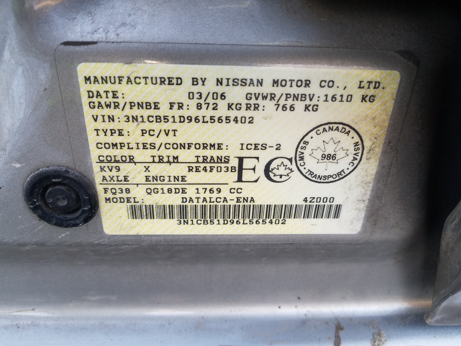 Photo 9 VIN: 3N1CB51D96L565402 - NISSAN SENTRA 1.8 