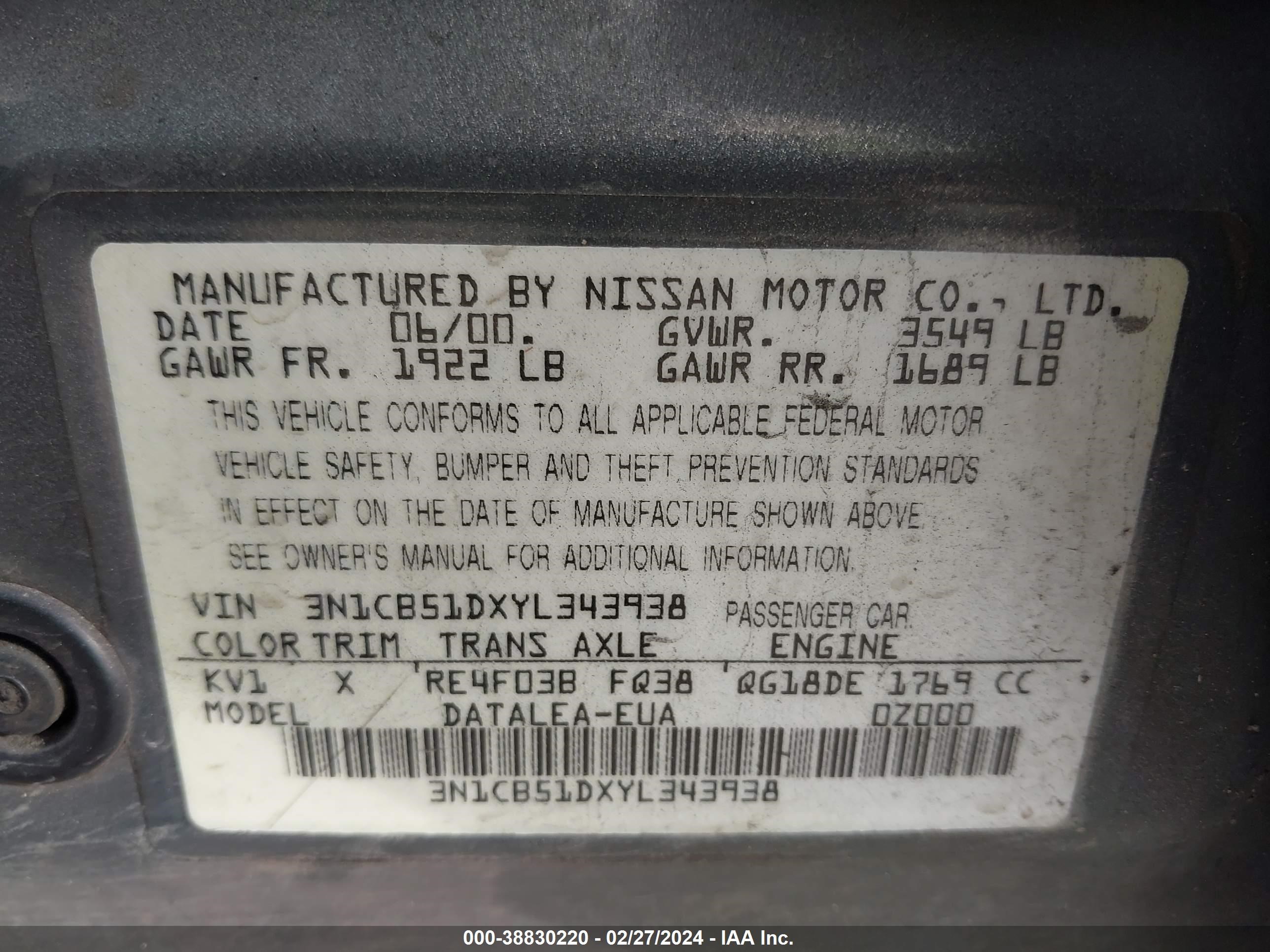 Photo 8 VIN: 3N1CB51DXYL343938 - NISSAN SENTRA 