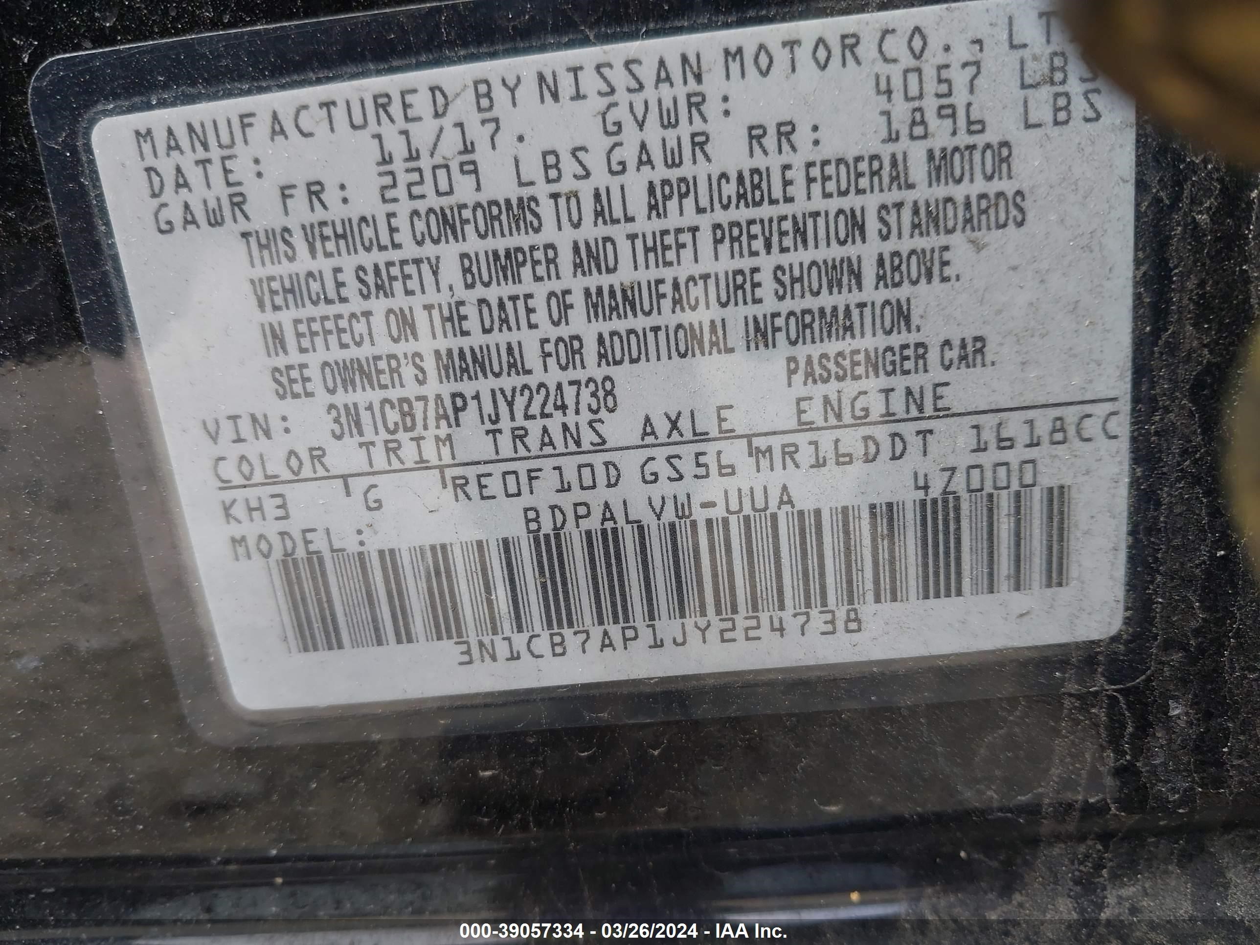 Photo 8 VIN: 3N1CB7AP1JY224738 - NISSAN SENTRA 