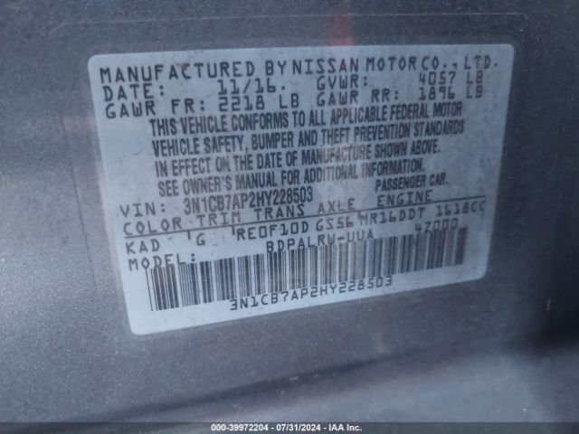 Photo 8 VIN: 3N1CB7AP2HY228503 - NISSAN SENTRA 