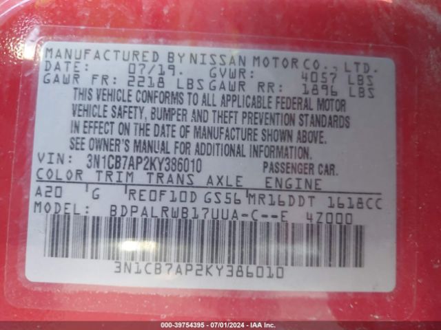 Photo 8 VIN: 3N1CB7AP2KY386010 - NISSAN SENTRA 