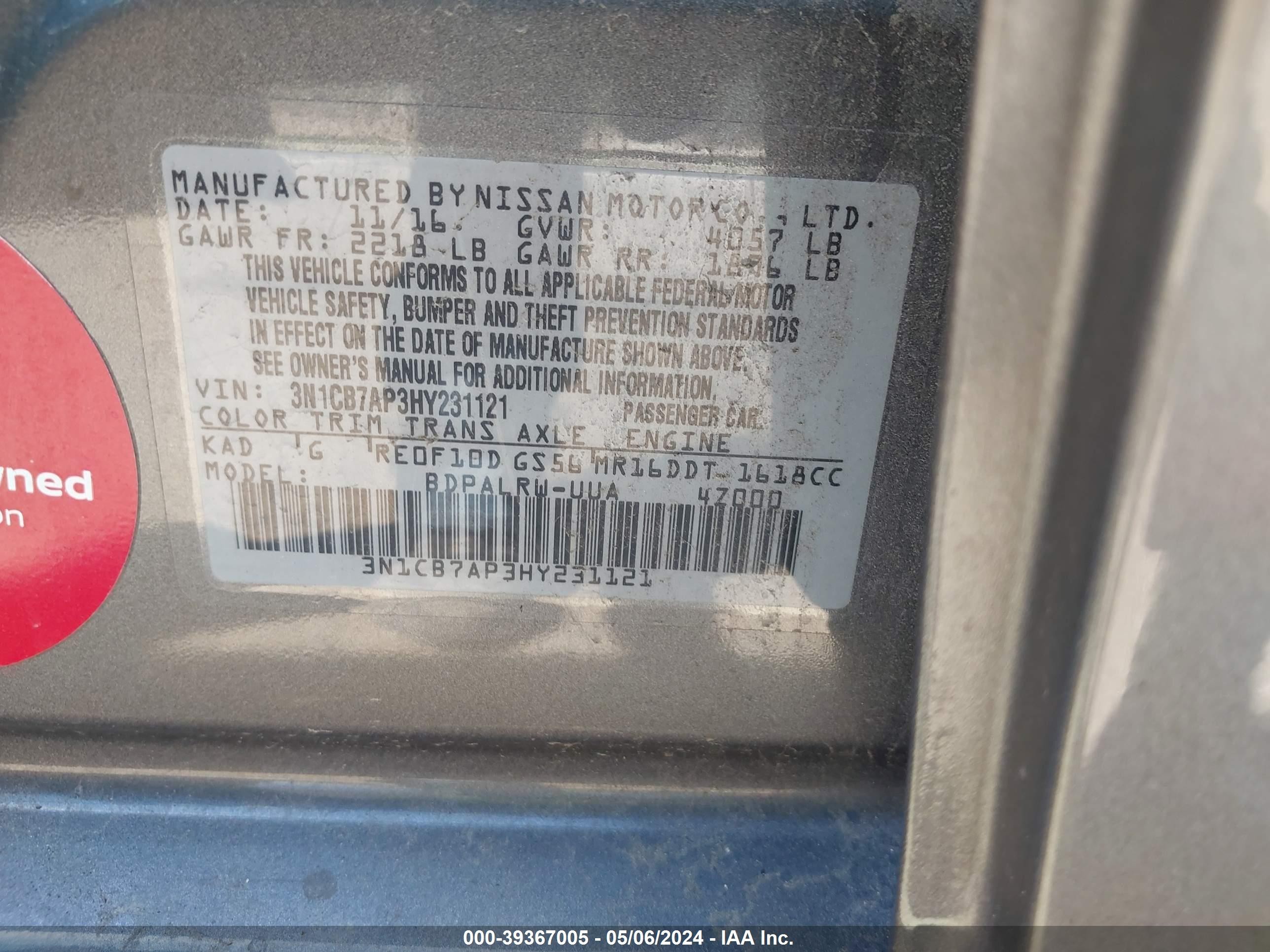 Photo 8 VIN: 3N1CB7AP3HY231121 - NISSAN SENTRA 