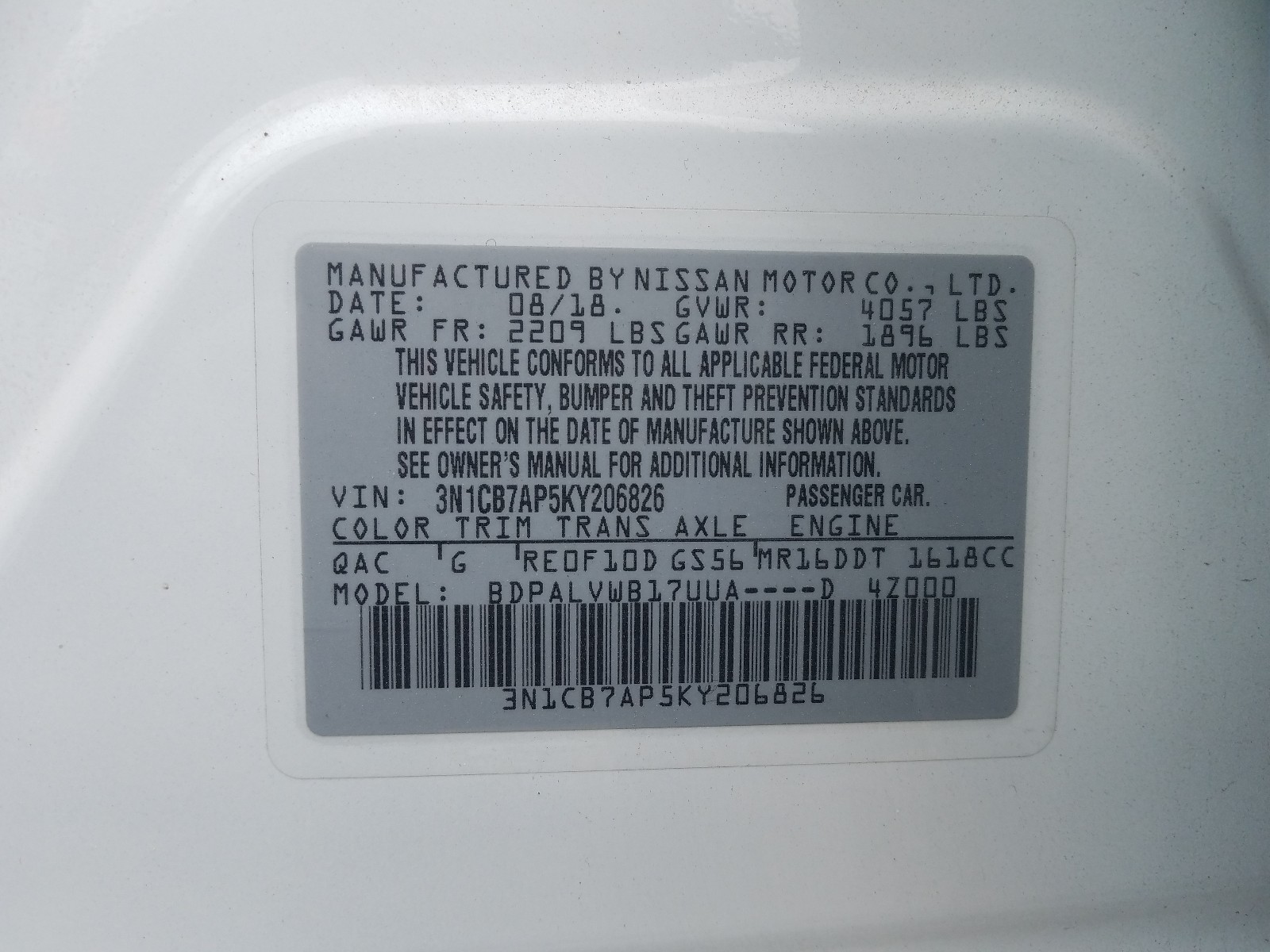 Photo 9 VIN: 3N1CB7AP5KY206826 - NISSAN SENTRA SR 