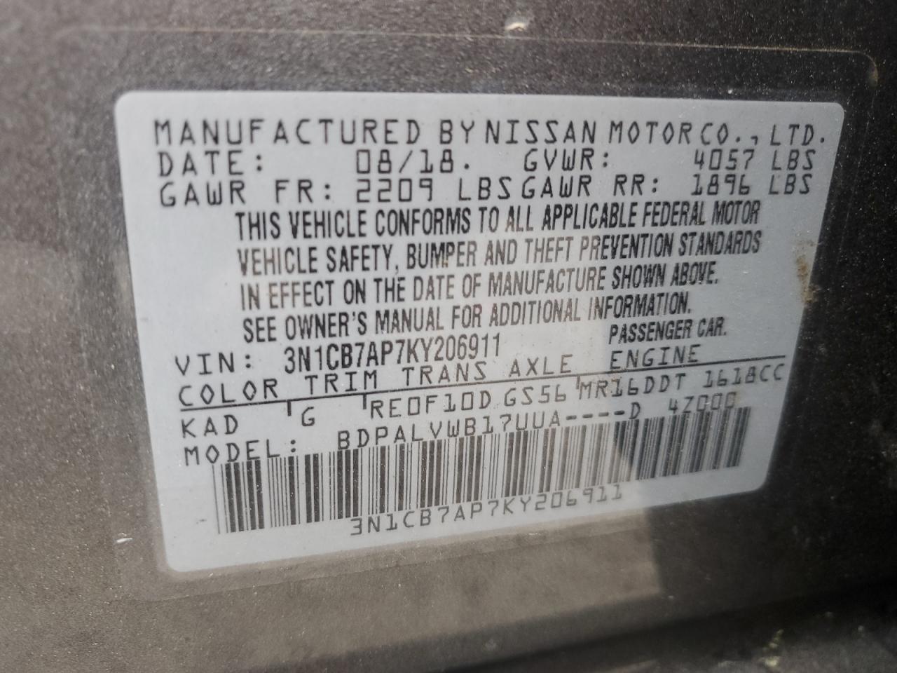 Photo 12 VIN: 3N1CB7AP7KY206911 - NISSAN SENTRA 