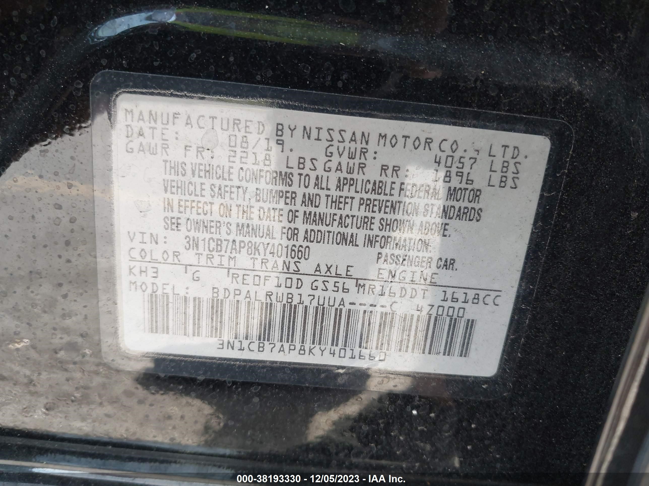 Photo 8 VIN: 3N1CB7AP8KY401660 - NISSAN SENTRA 