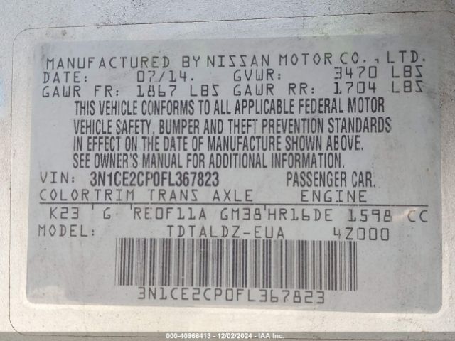 Photo 8 VIN: 3N1CE2CP0FL367823 - NISSAN VERSA NOTE 