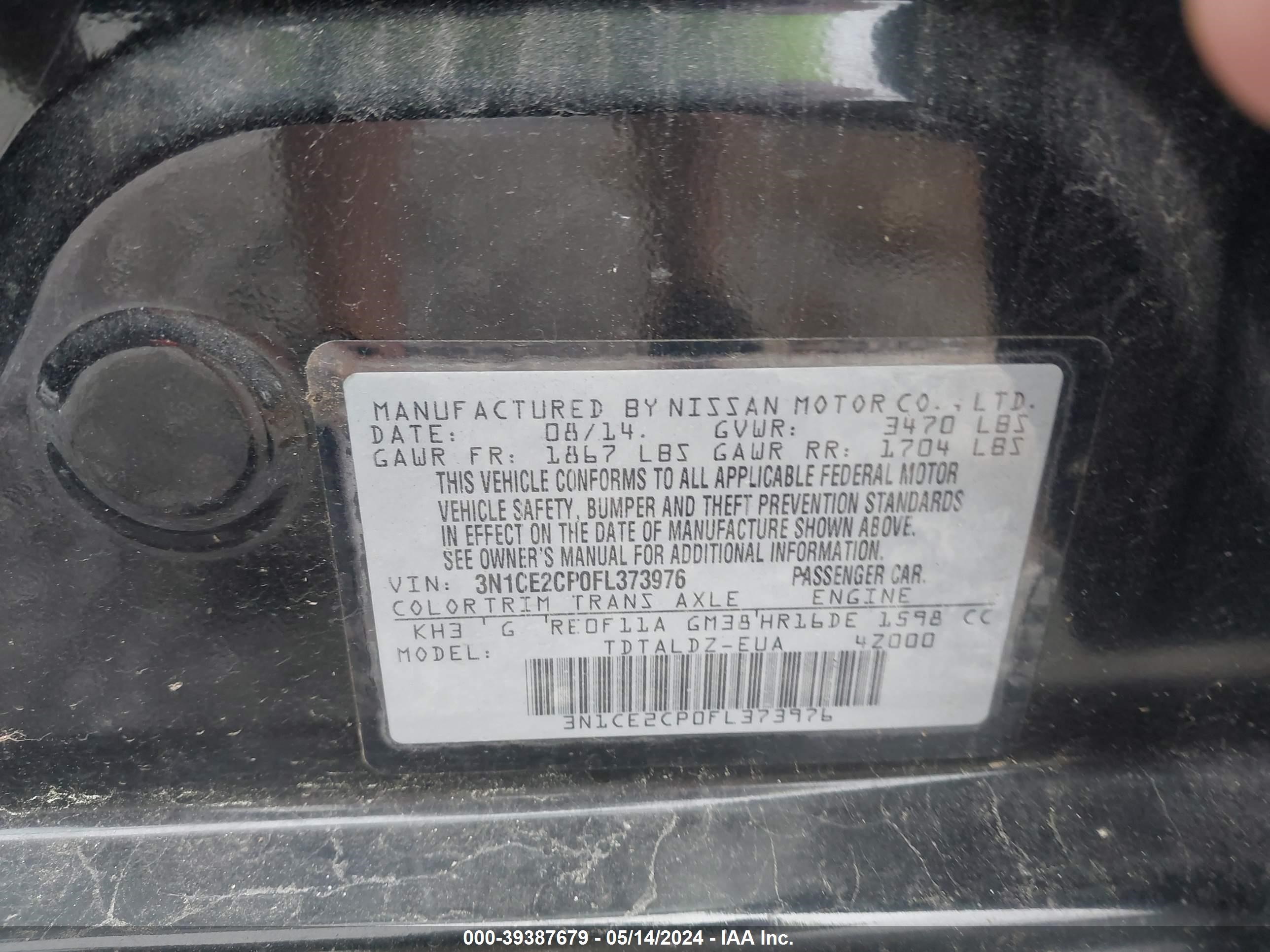 Photo 8 VIN: 3N1CE2CP0FL373976 - NISSAN VERSA 