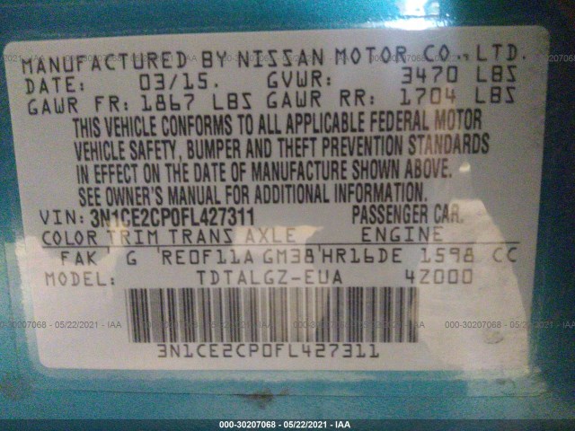 Photo 8 VIN: 3N1CE2CP0FL427311 - NISSAN VERSA NOTE 