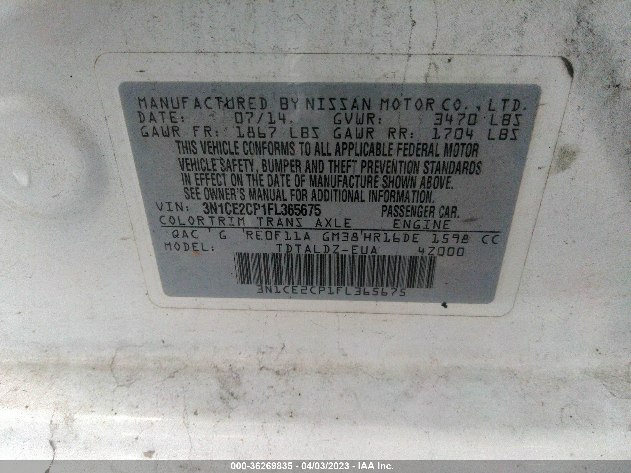 Photo 8 VIN: 3N1CE2CP1FL365675 - NISSAN VERSA 