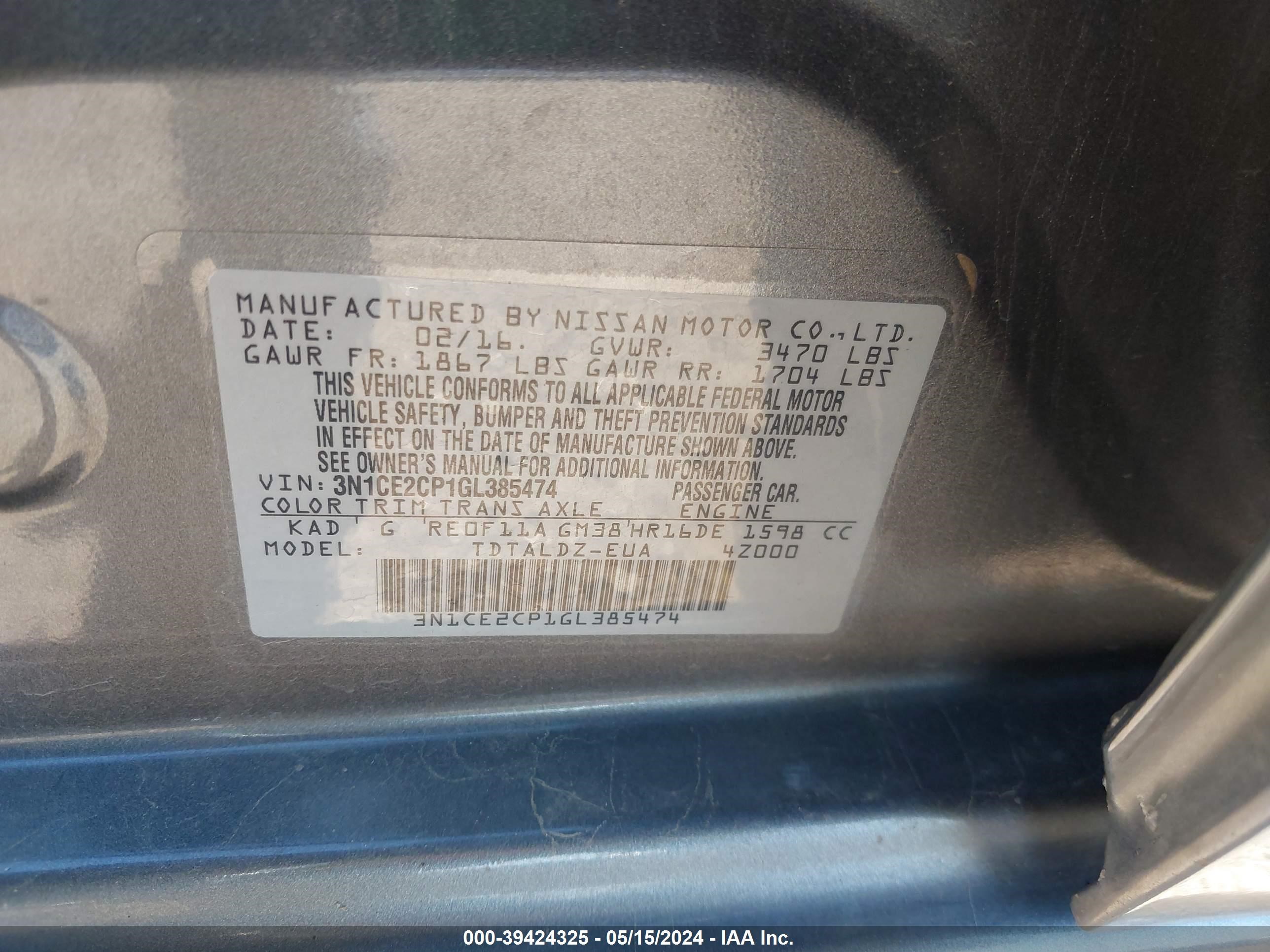 Photo 8 VIN: 3N1CE2CP1GL385474 - NISSAN VERSA 