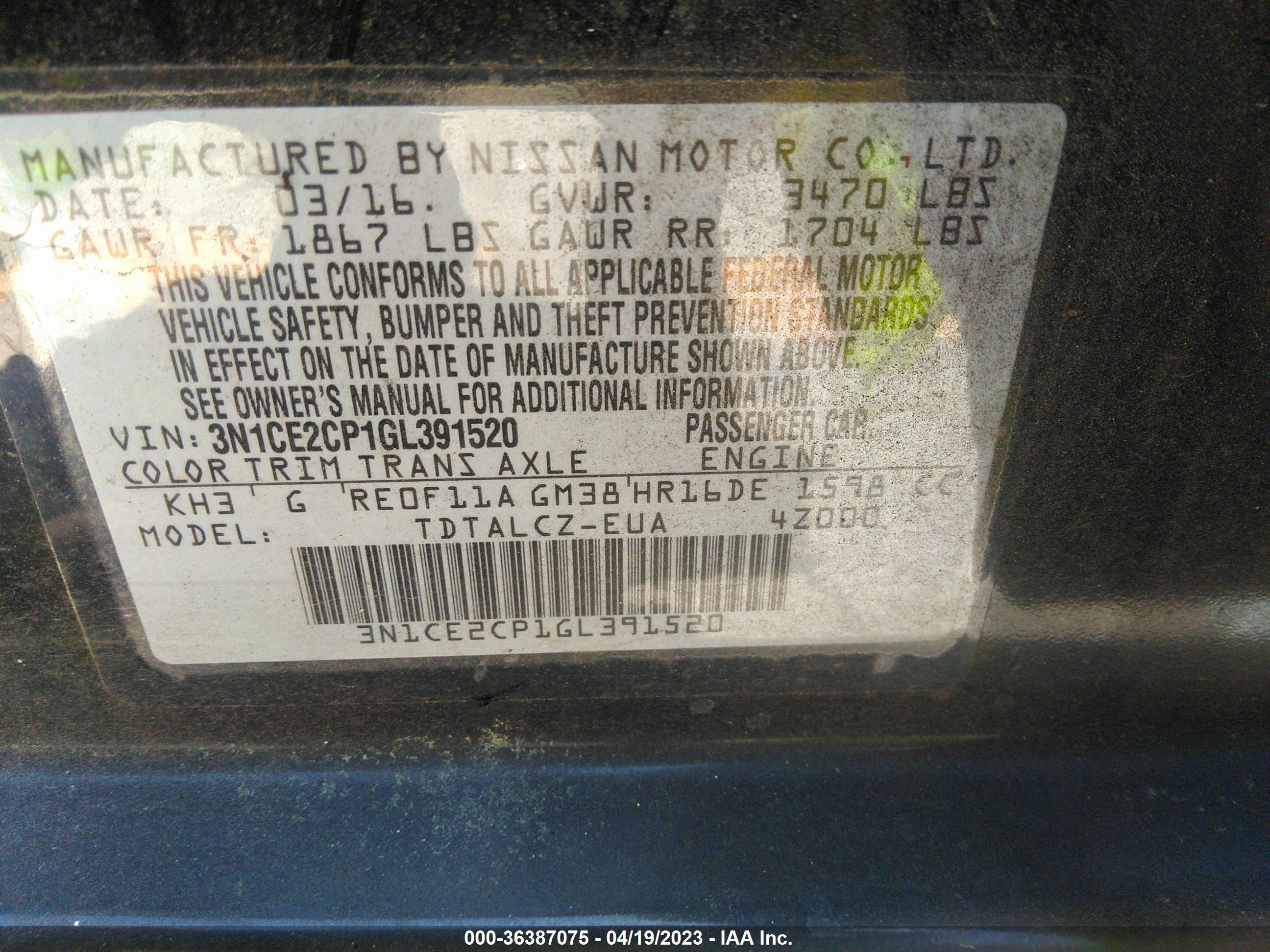 Photo 8 VIN: 3N1CE2CP1GL391520 - NISSAN VERSA 