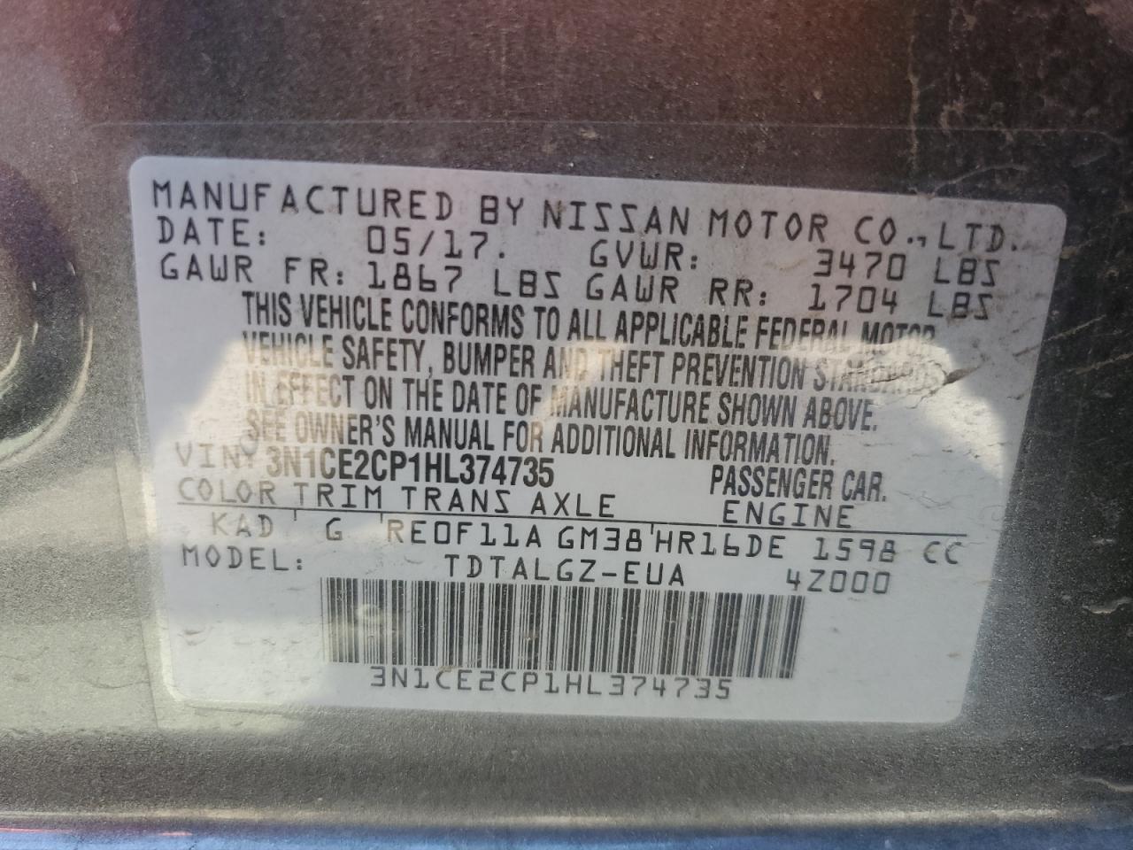 Photo 12 VIN: 3N1CE2CP1HL374735 - NISSAN VERSA 