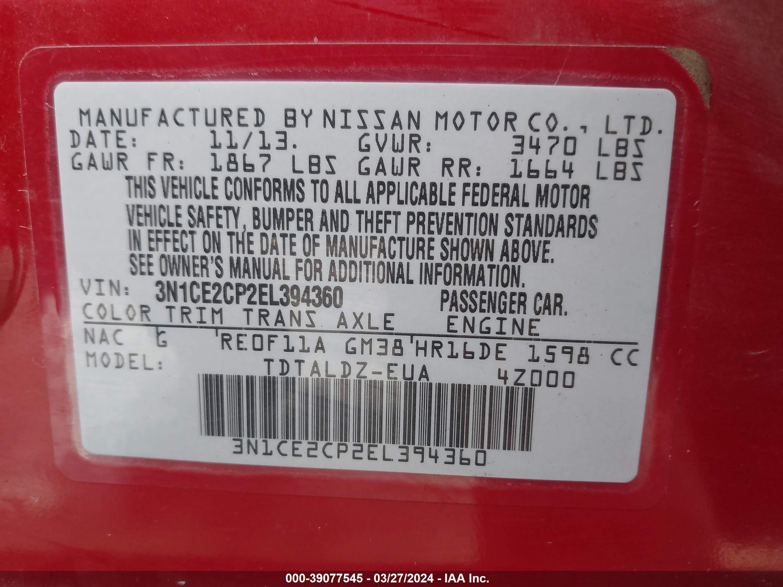 Photo 8 VIN: 3N1CE2CP2EL394360 - NISSAN VERSA 