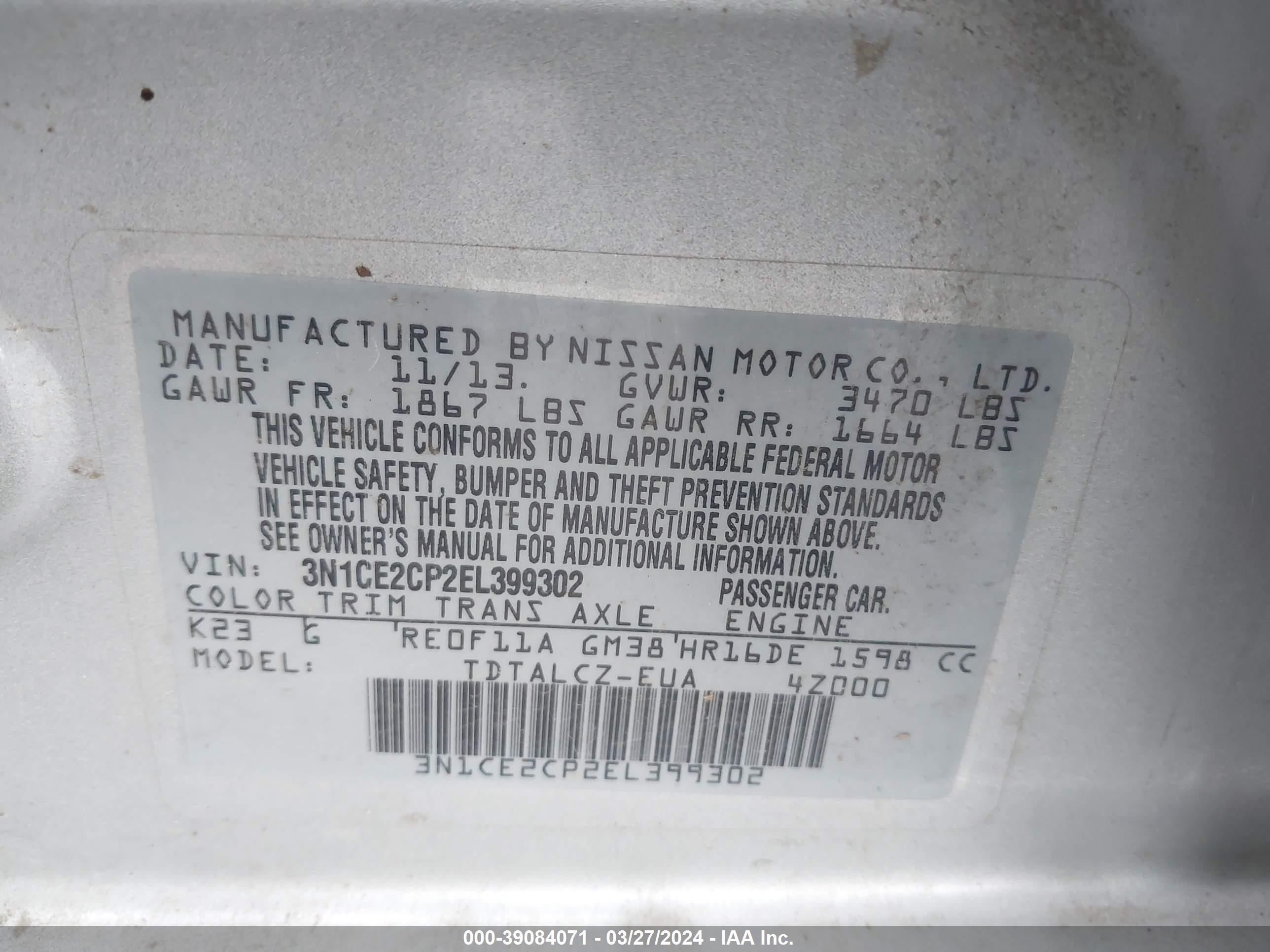 Photo 8 VIN: 3N1CE2CP2EL399302 - NISSAN VERSA 