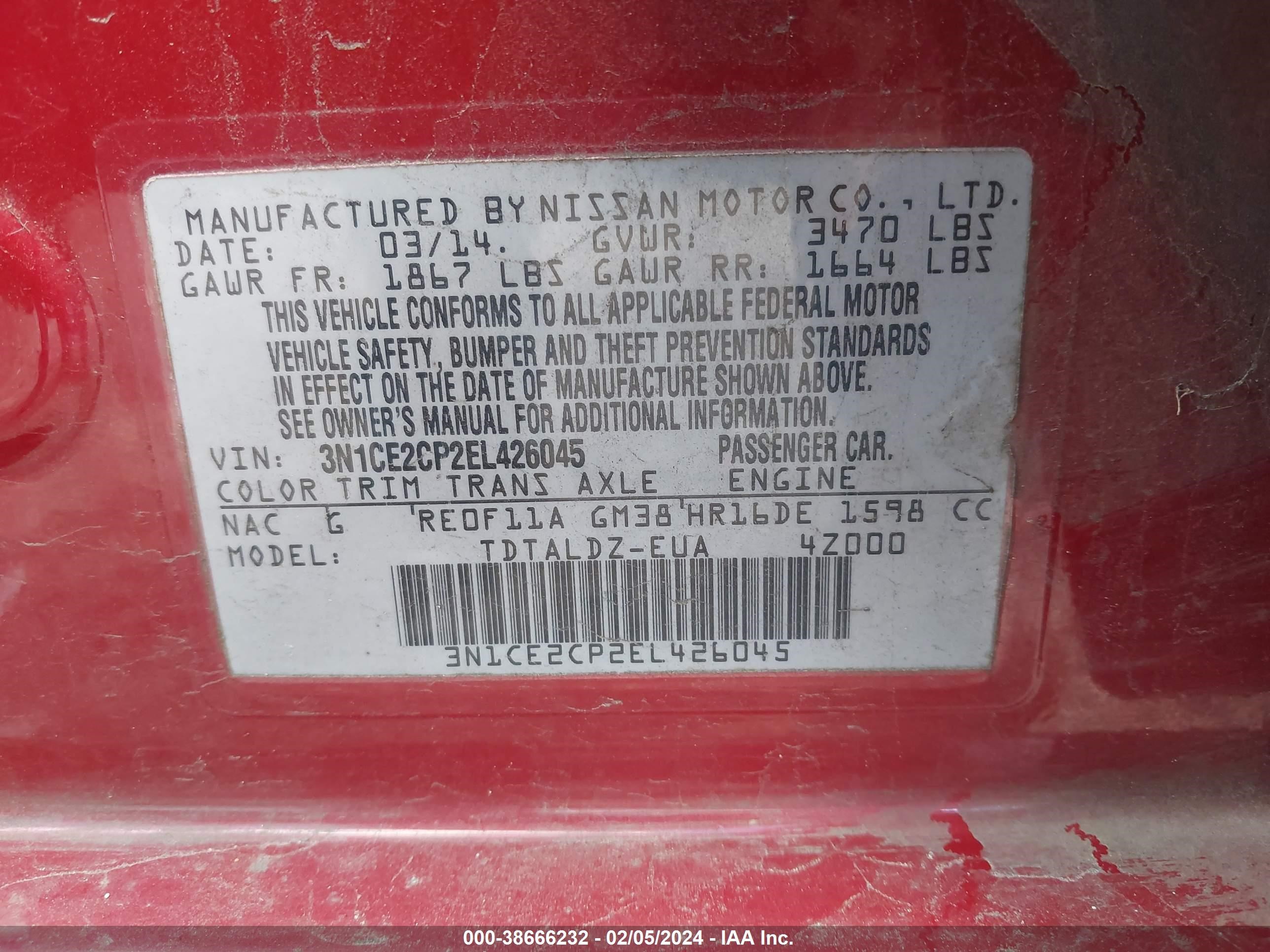 Photo 8 VIN: 3N1CE2CP2EL426045 - NISSAN VERSA 