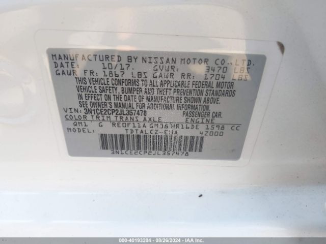 Photo 8 VIN: 3N1CE2CP2JL357478 - NISSAN VERSA NOTE 