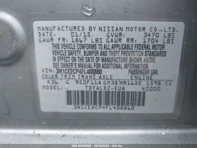 Photo 8 VIN: 3N1CE2CP4FL408860 - NISSAN VERSA NOTE 