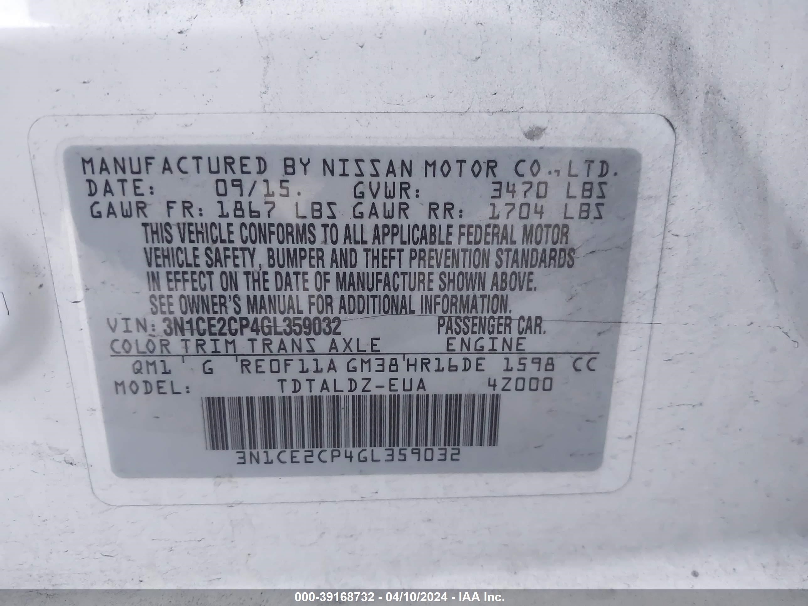 Photo 8 VIN: 3N1CE2CP4GL359032 - NISSAN VERSA 