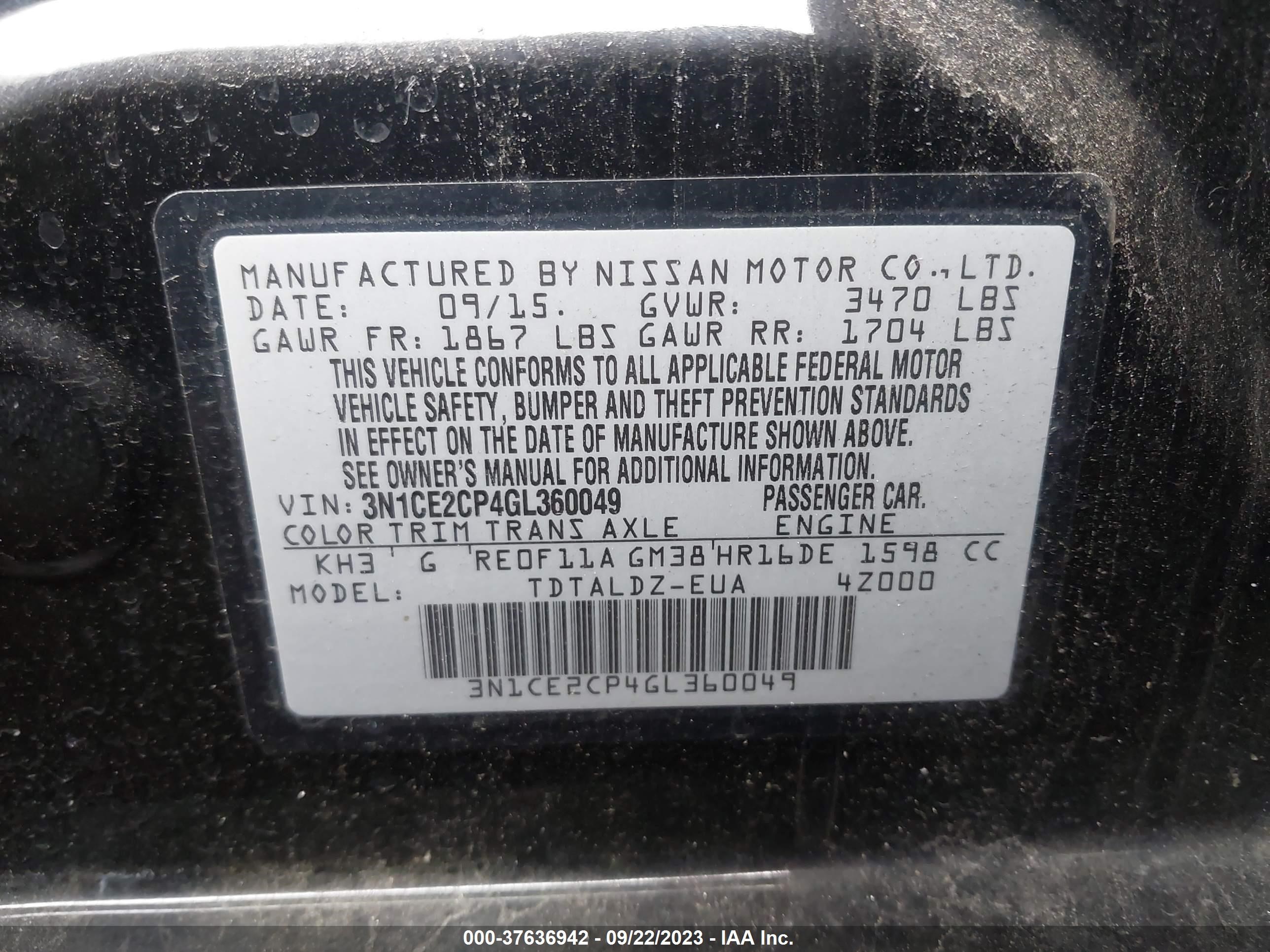 Photo 8 VIN: 3N1CE2CP4GL360049 - NISSAN VERSA 