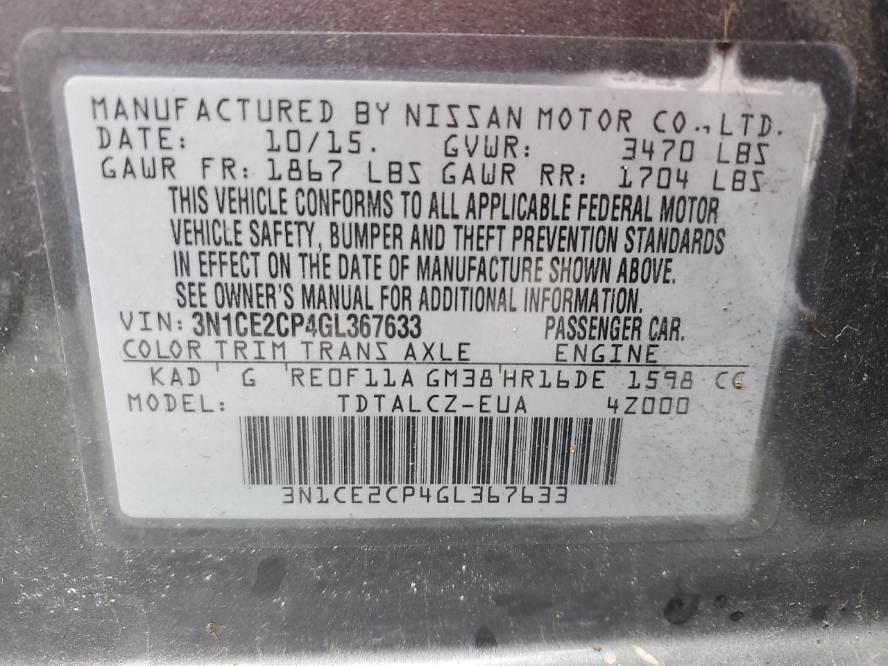 Photo 11 VIN: 3N1CE2CP4GL367633 - NISSAN VERSA 