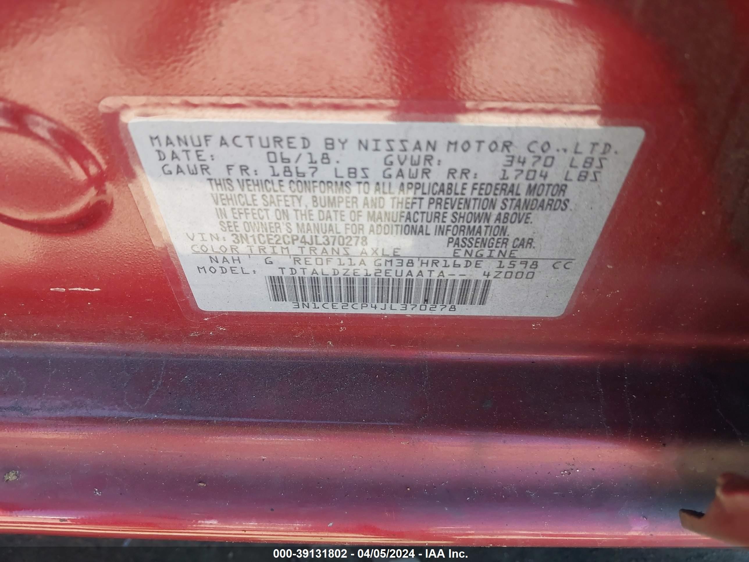 Photo 8 VIN: 3N1CE2CP4JL370278 - NISSAN VERSA 