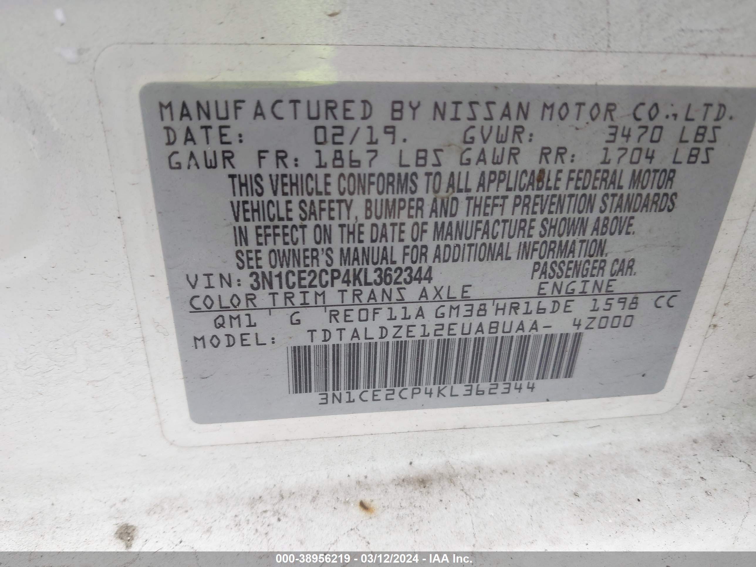 Photo 8 VIN: 3N1CE2CP4KL362344 - NISSAN VERSA 