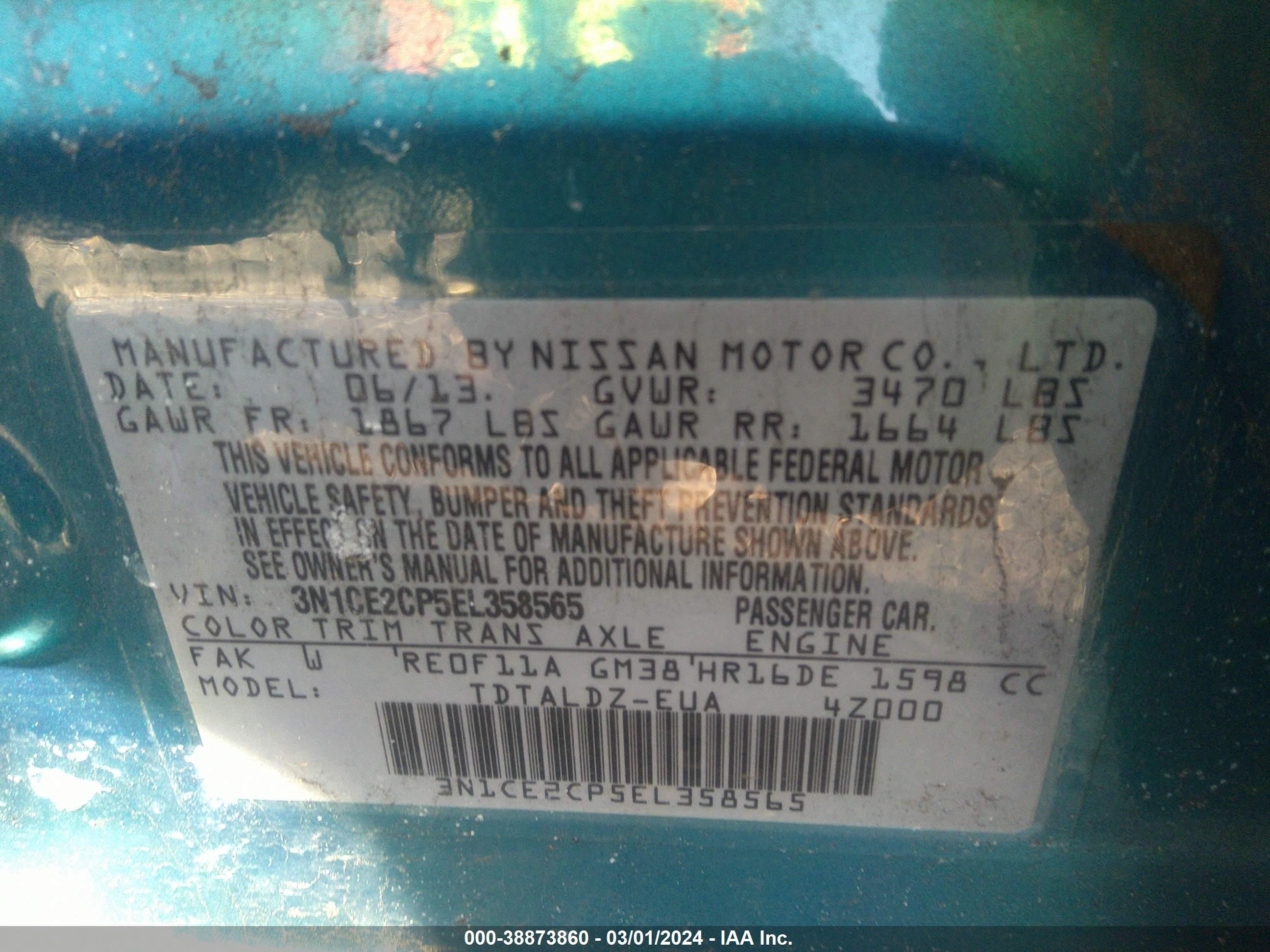 Photo 8 VIN: 3N1CE2CP5EL358565 - NISSAN VERSA 