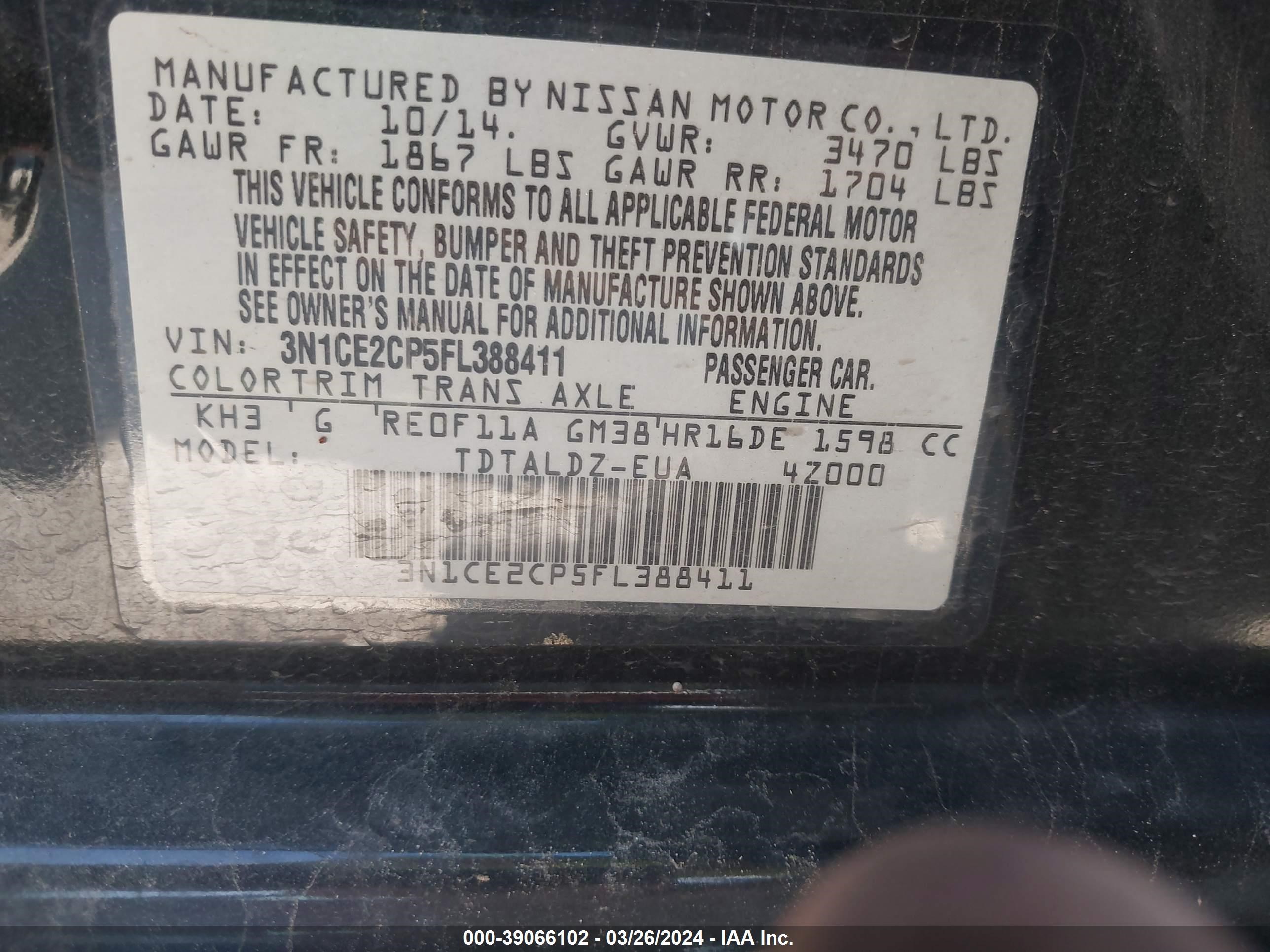 Photo 8 VIN: 3N1CE2CP5FL388411 - NISSAN VERSA 