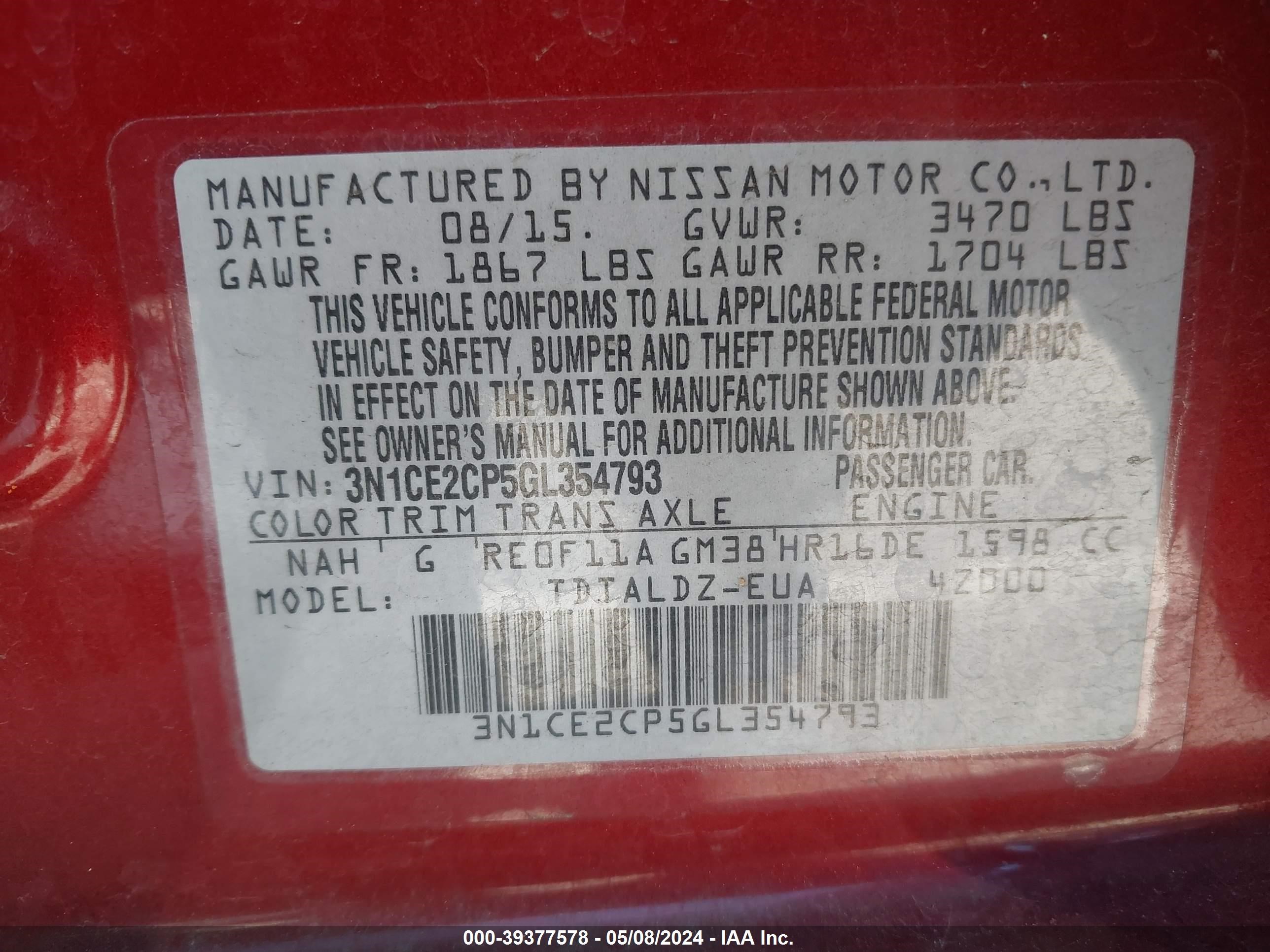 Photo 8 VIN: 3N1CE2CP5GL354793 - NISSAN VERSA 