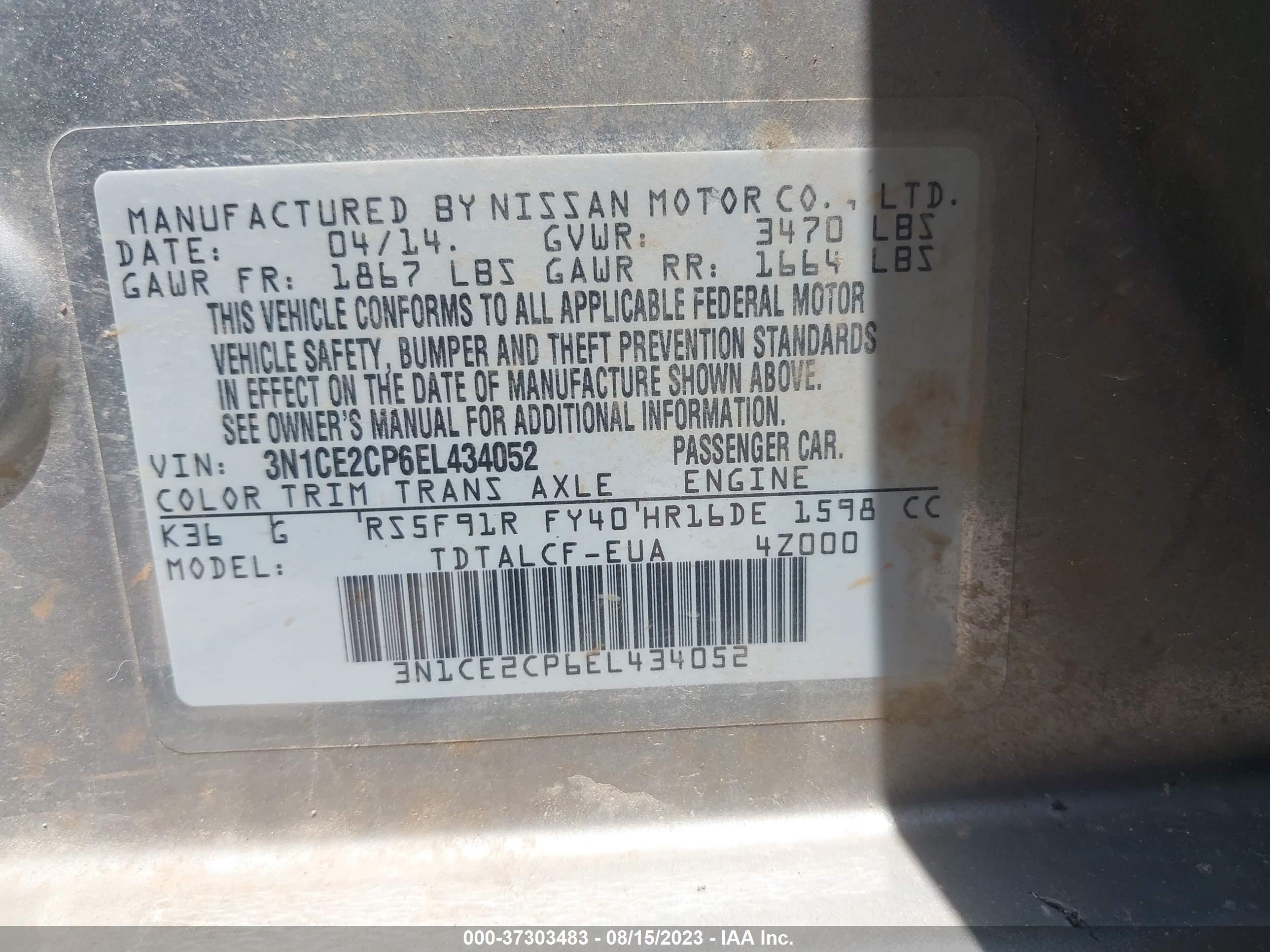 Photo 8 VIN: 3N1CE2CP6EL434052 - NISSAN VERSA 