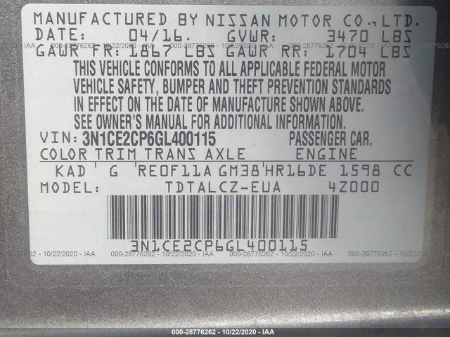 Photo 8 VIN: 3N1CE2CP6GL400115 - NISSAN VERSA NOTE 