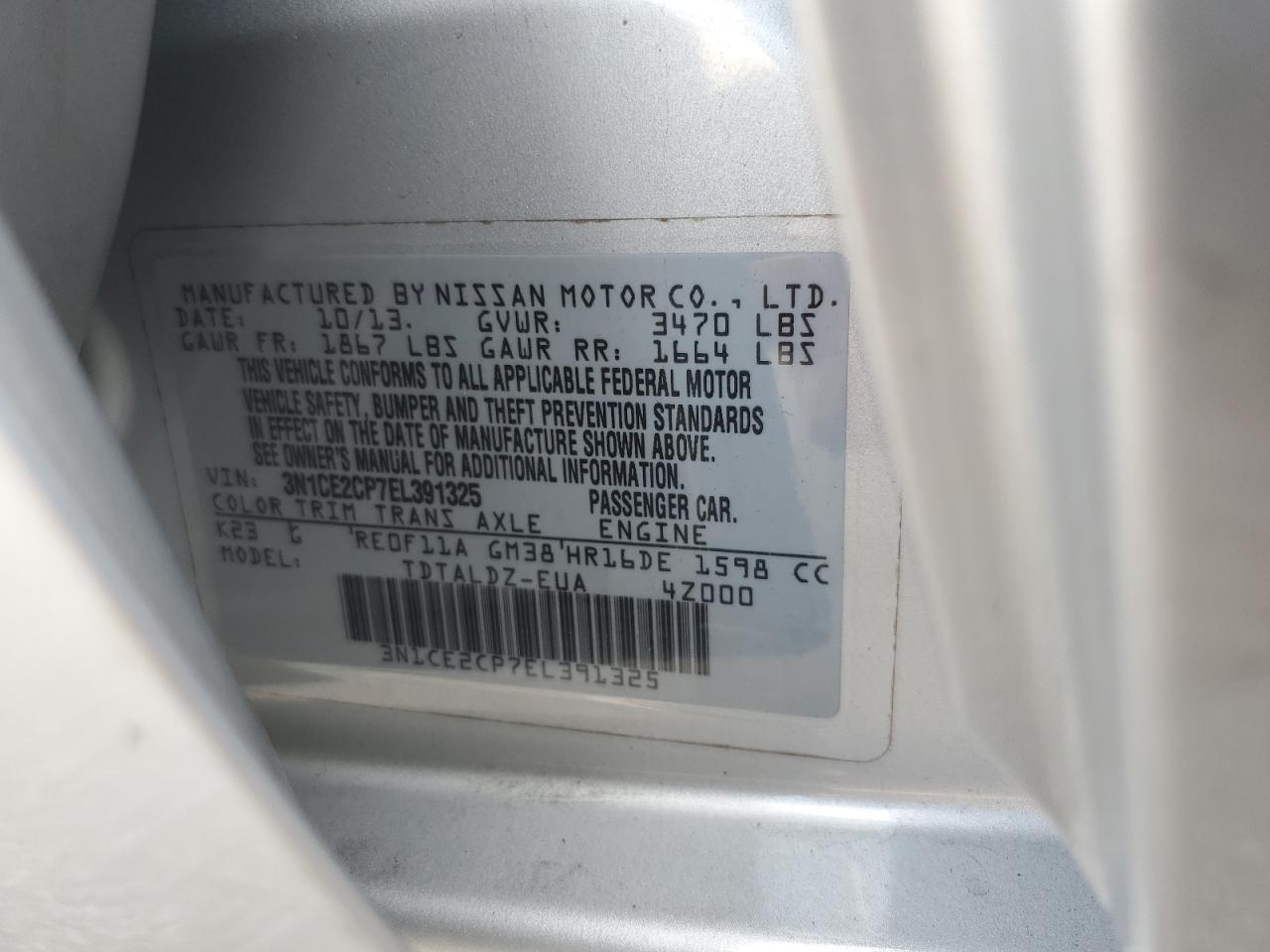 Photo 11 VIN: 3N1CE2CP7EL391325 - NISSAN VERSA 