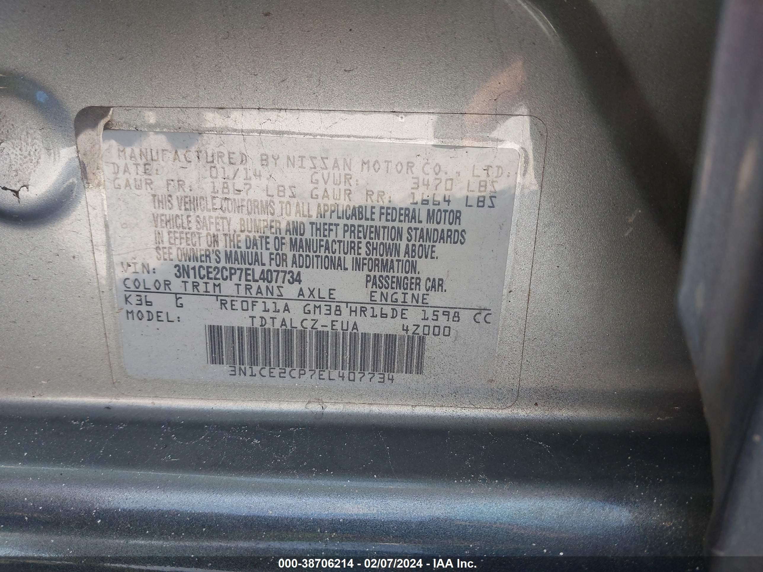 Photo 8 VIN: 3N1CE2CP7EL407734 - NISSAN VERSA 