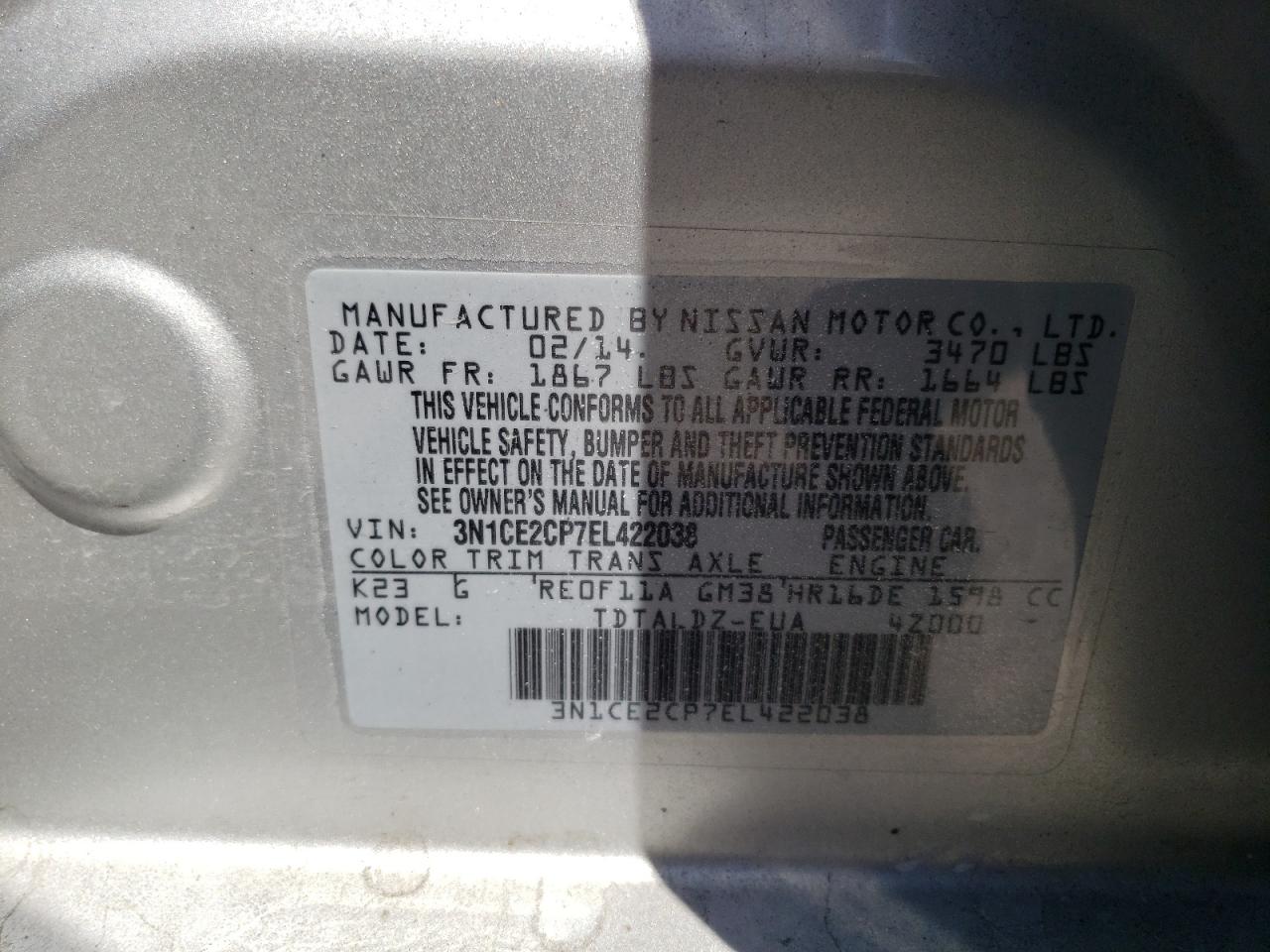 Photo 12 VIN: 3N1CE2CP7EL422038 - NISSAN VERSA 