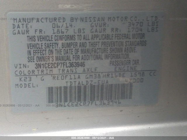 Photo 8 VIN: 3N1CE2CP7FL363946 - NISSAN VERSA NOTE 