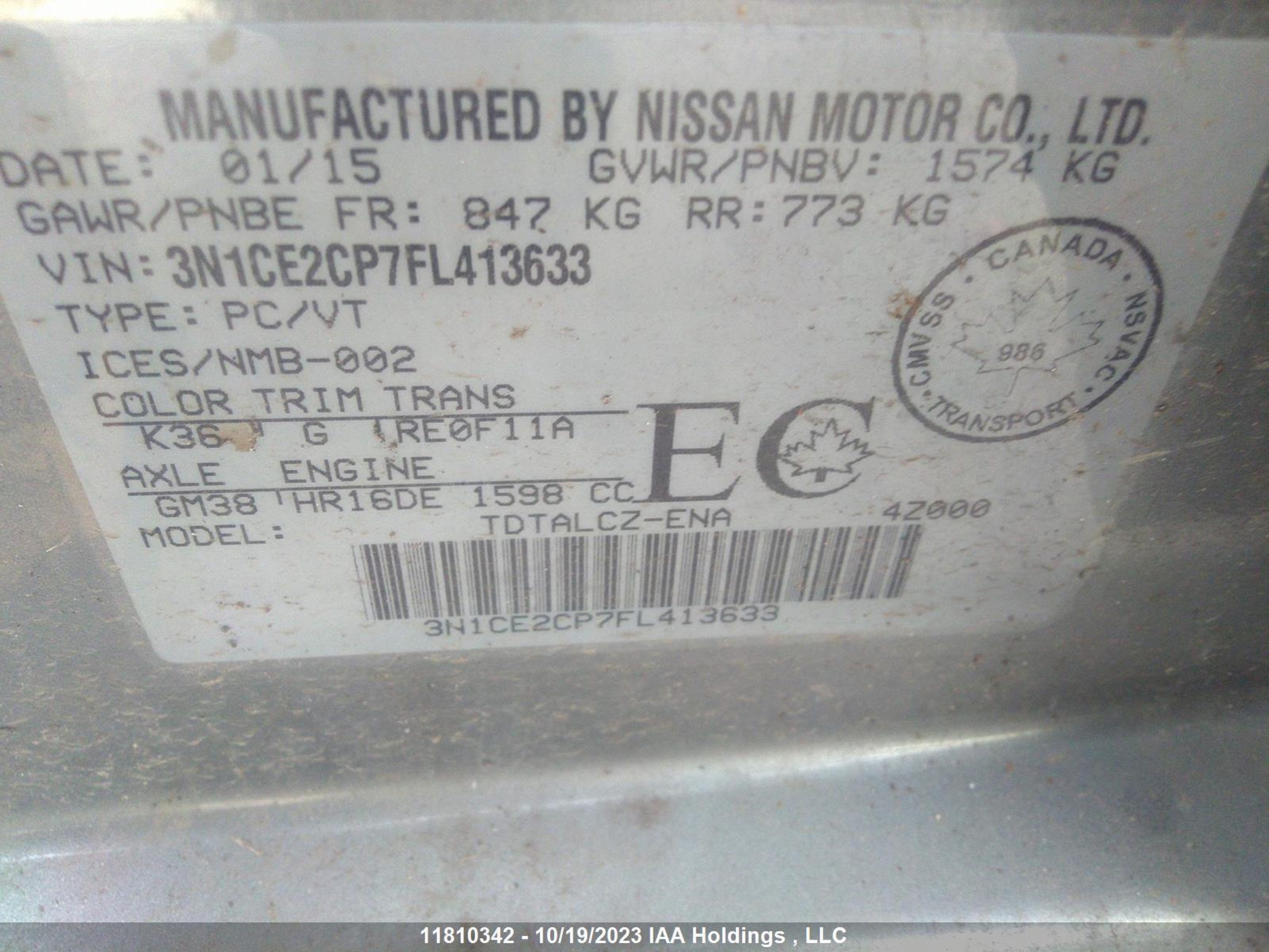 Photo 8 VIN: 3N1CE2CP7FL413633 - NISSAN VERSA 