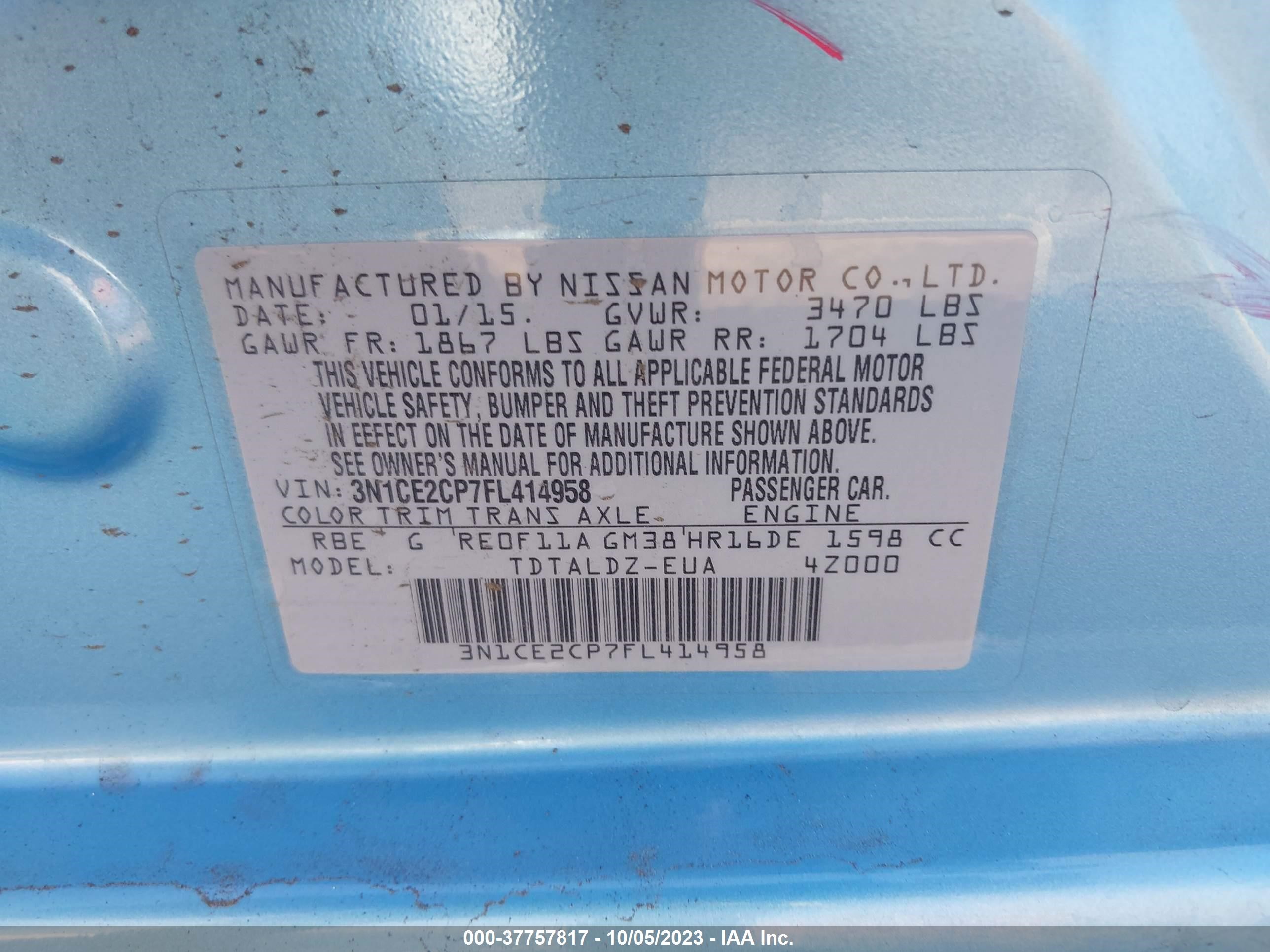 Photo 8 VIN: 3N1CE2CP7FL414958 - NISSAN VERSA 