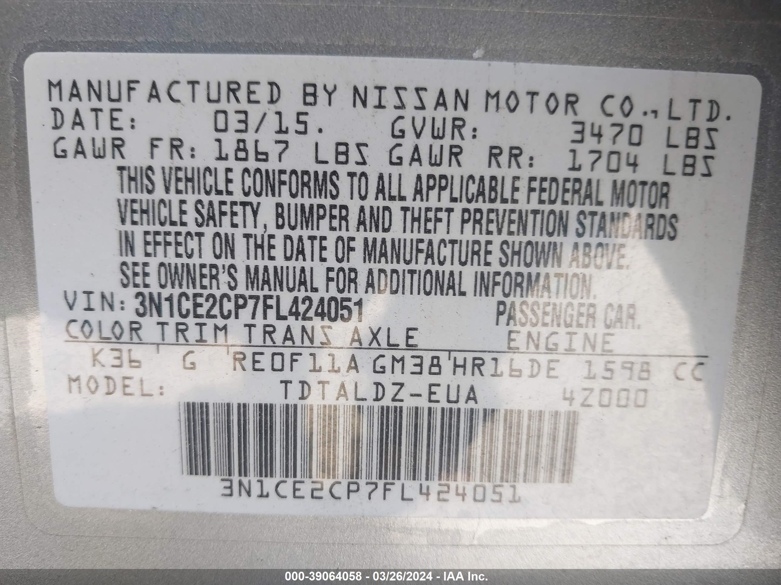 Photo 8 VIN: 3N1CE2CP7FL424051 - NISSAN VERSA 