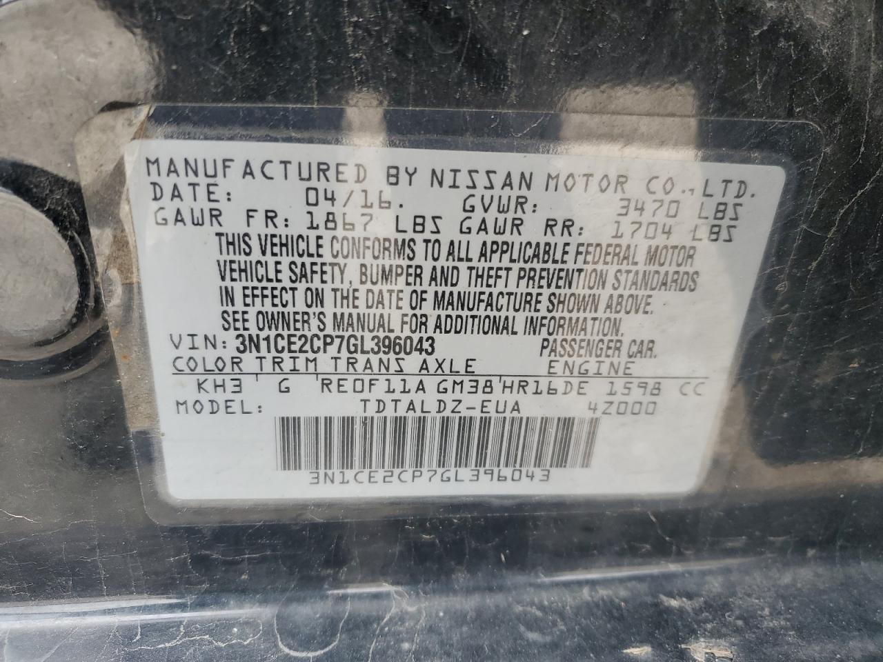 Photo 11 VIN: 3N1CE2CP7GL396043 - NISSAN VERSA 