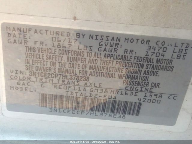 Photo 8 VIN: 3N1CE2CP7HL378238 - NISSAN VERSA NOTE 