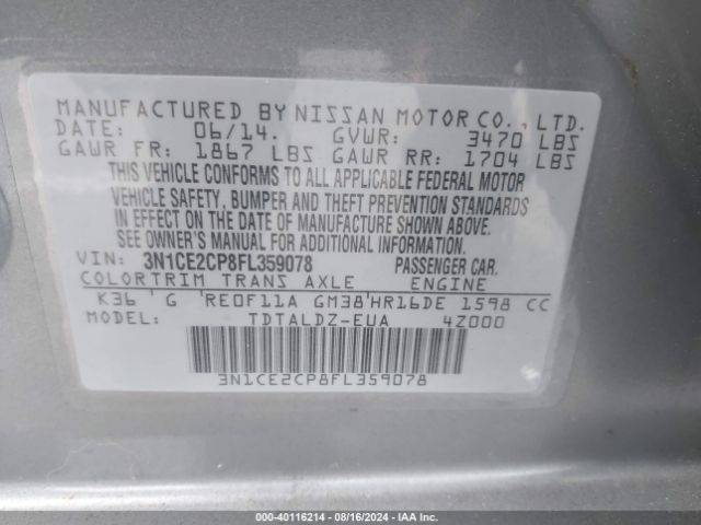 Photo 8 VIN: 3N1CE2CP8FL359078 - NISSAN VERSA NOTE 