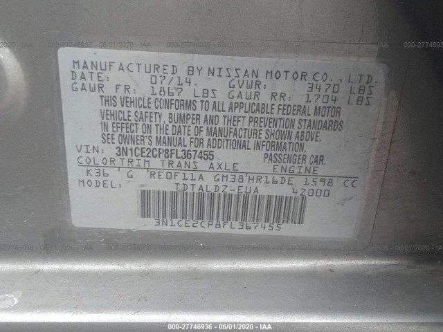 Photo 8 VIN: 3N1CE2CP8FL367455 - NISSAN VERSA NOTE 