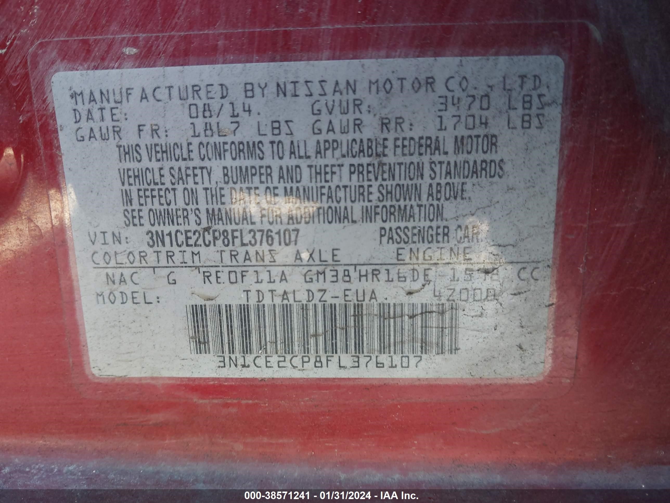 Photo 8 VIN: 3N1CE2CP8FL376107 - NISSAN VERSA 